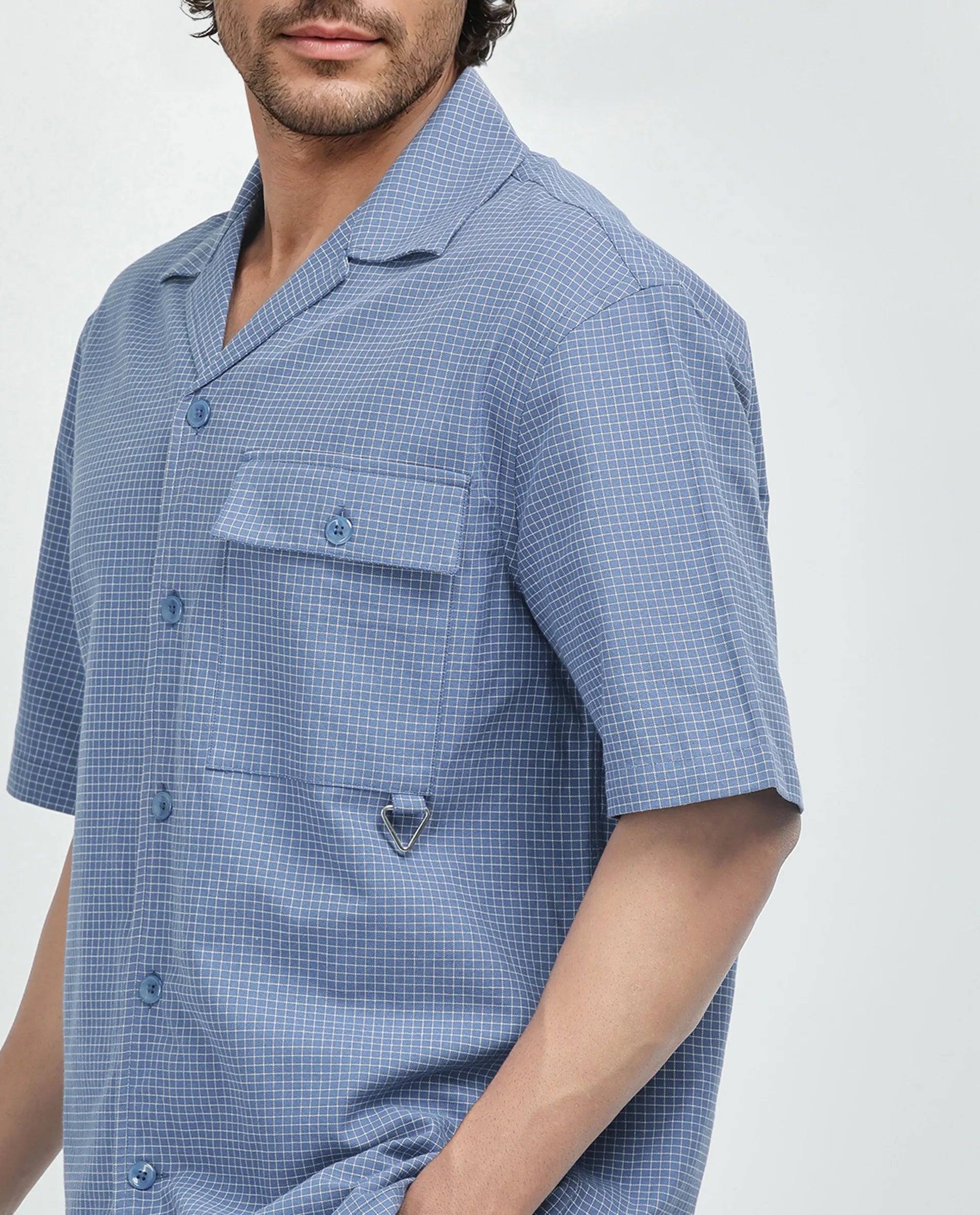 Rare Rabbit Men's Dorn-S Blue Cotton Fabric Half Sleeve Spread Collar Button Closure Regular Fit Checked Shirt