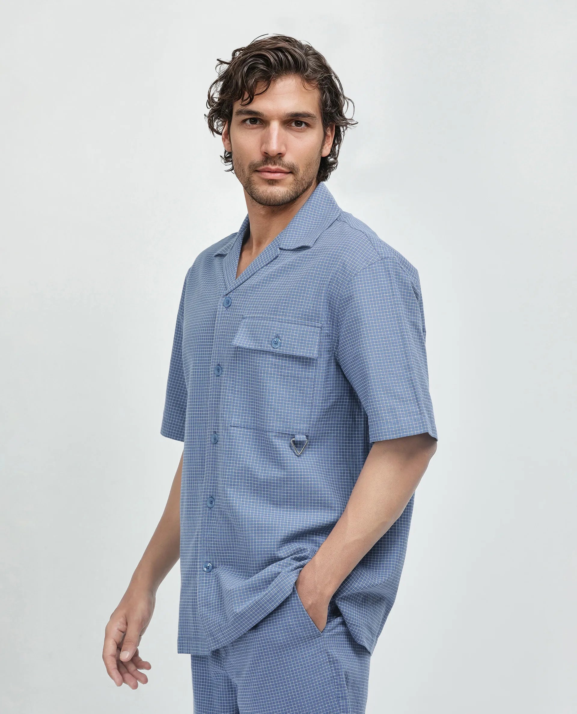 Rare Rabbit Men's Dorn-S Blue Cotton Fabric Half Sleeve Spread Collar Button Closure Regular Fit Checked Shirt