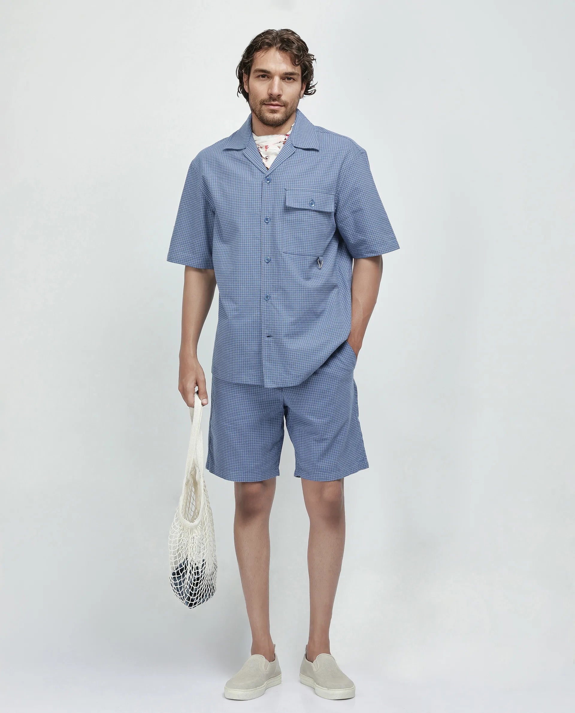 Rare Rabbit Men Dorn Blue Cotton Elastane Fabric Relaxed Fit Pleated Checked Shorts