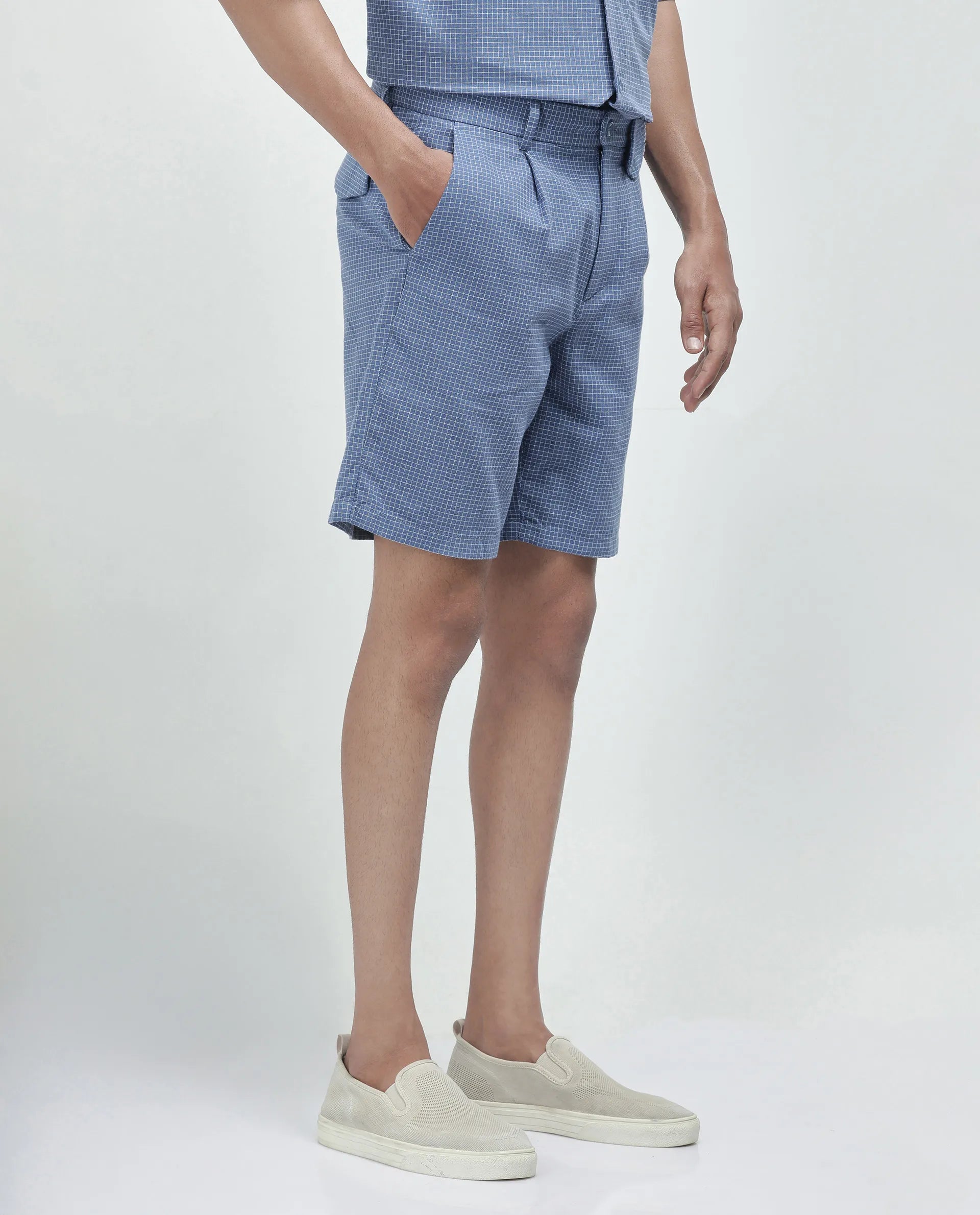 Rare Rabbit Men Dorn Blue Cotton Elastane Fabric Relaxed Fit Pleated Checked Shorts