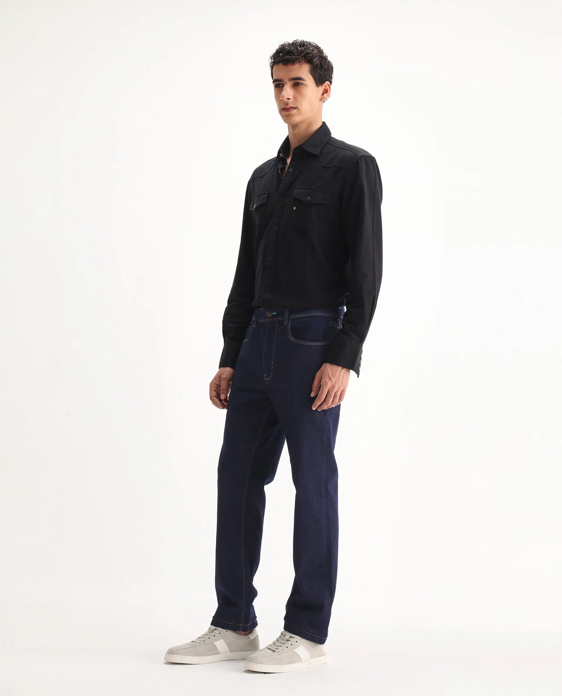 Rare Rabbit Men's Doros Navy Cotton Blend Plain Morris Regular Fit Jeans