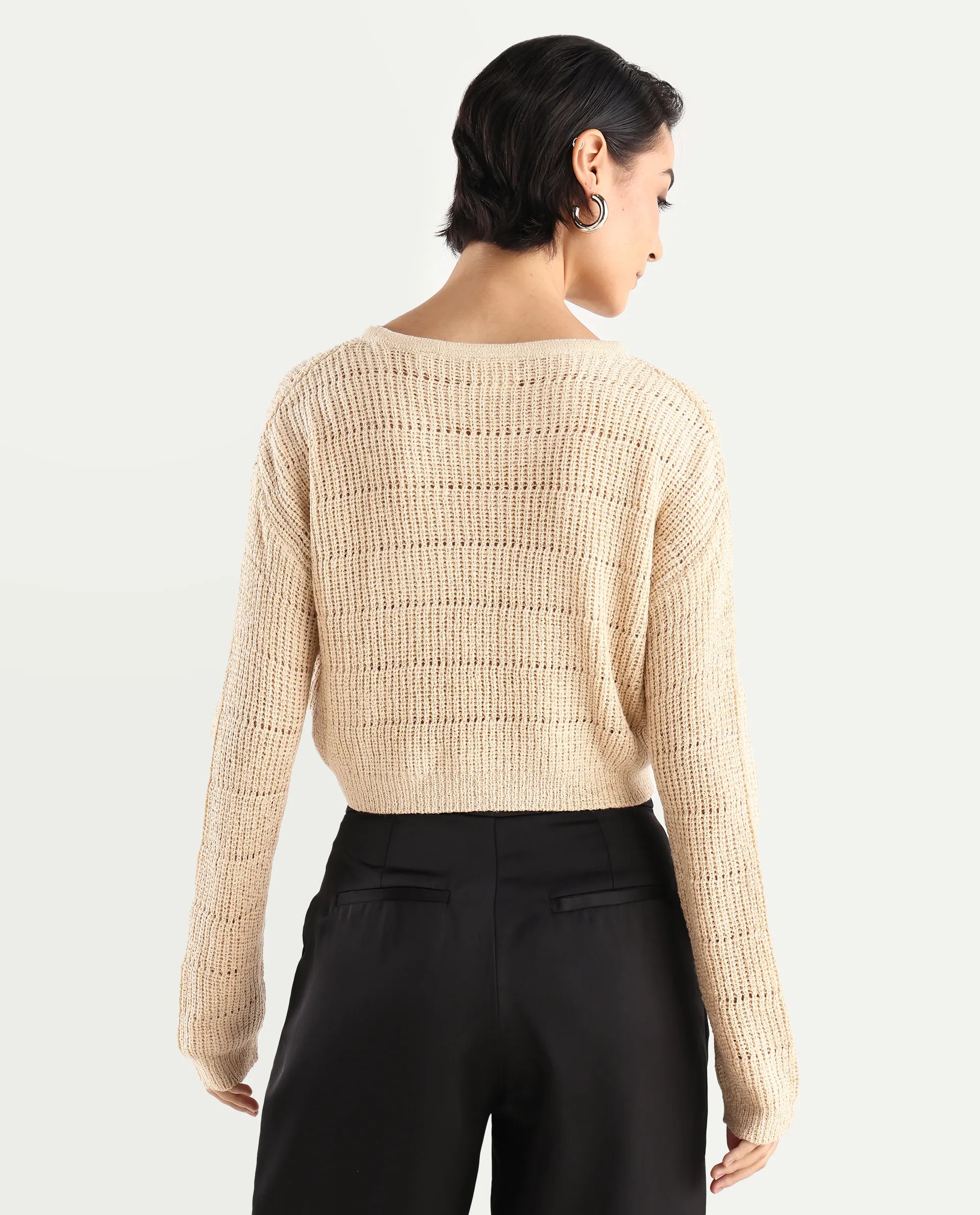 Rareism Women's Dorthi Off White Acrylic Boat Neck Plain Crop Relaxed Fit Top