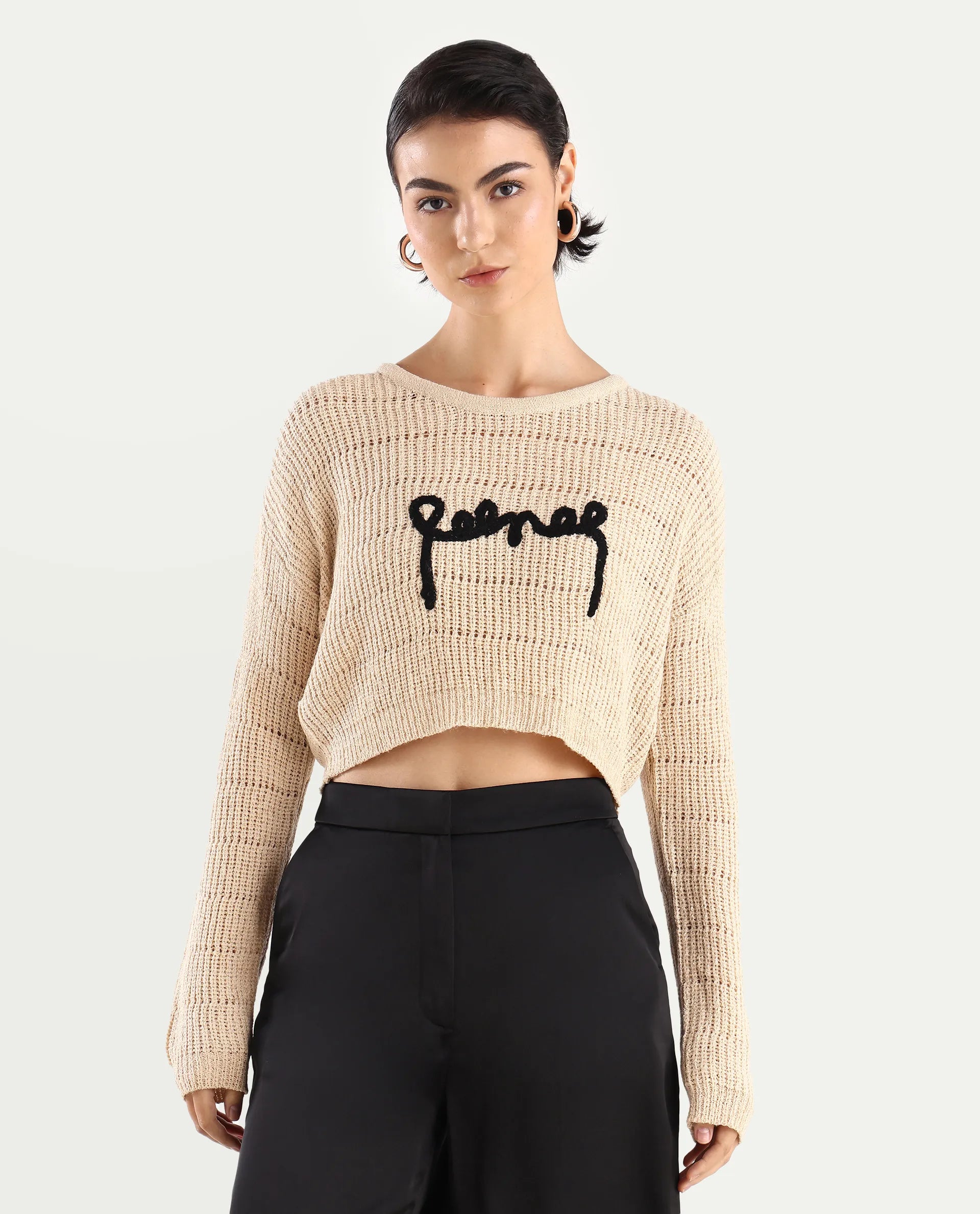 Rareism Women's Dorthi Off White Acrylic Boat Neck Plain Crop Relaxed Fit Top