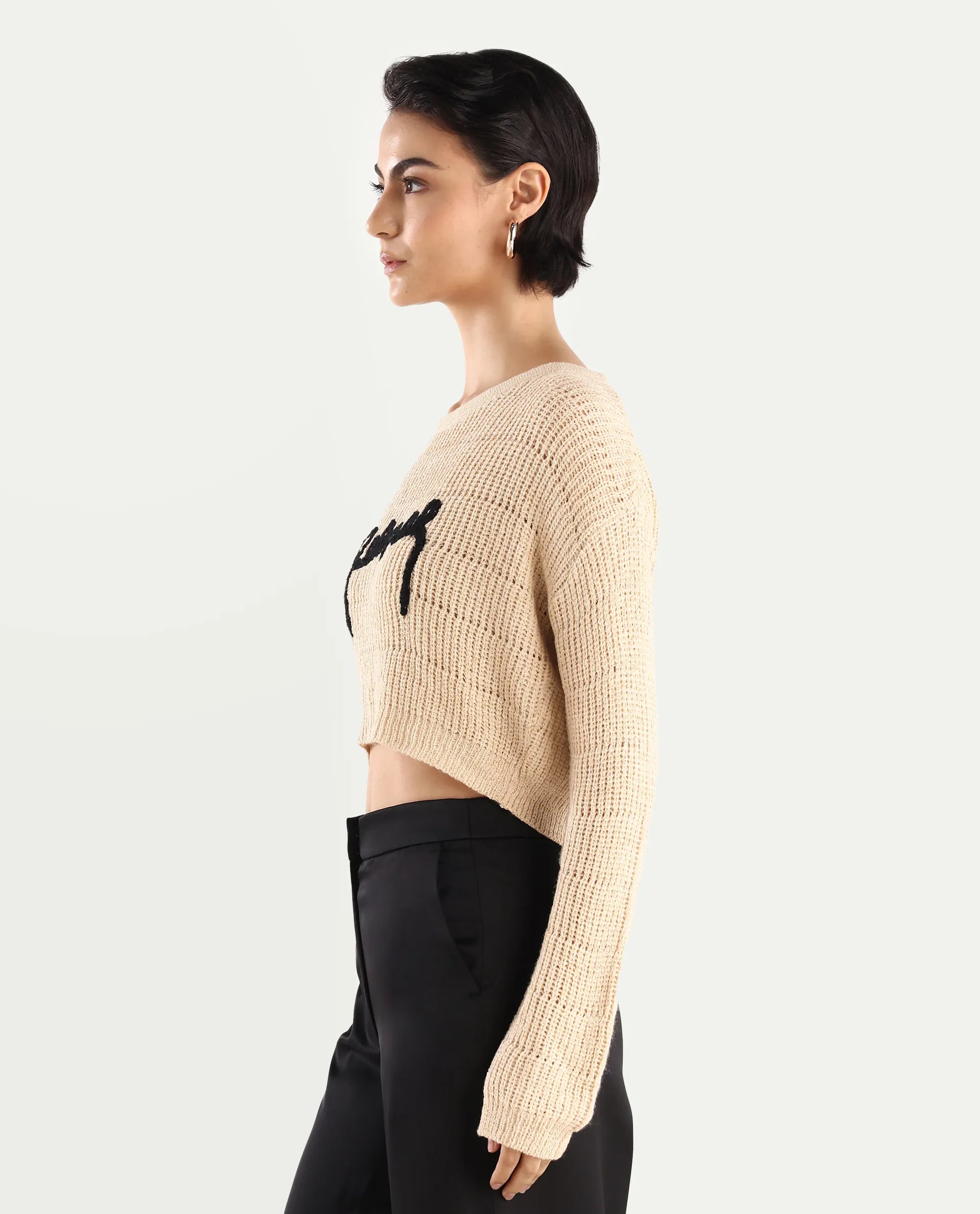 Rareism Women's Dorthi Off White Acrylic Boat Neck Plain Crop Relaxed Fit Top