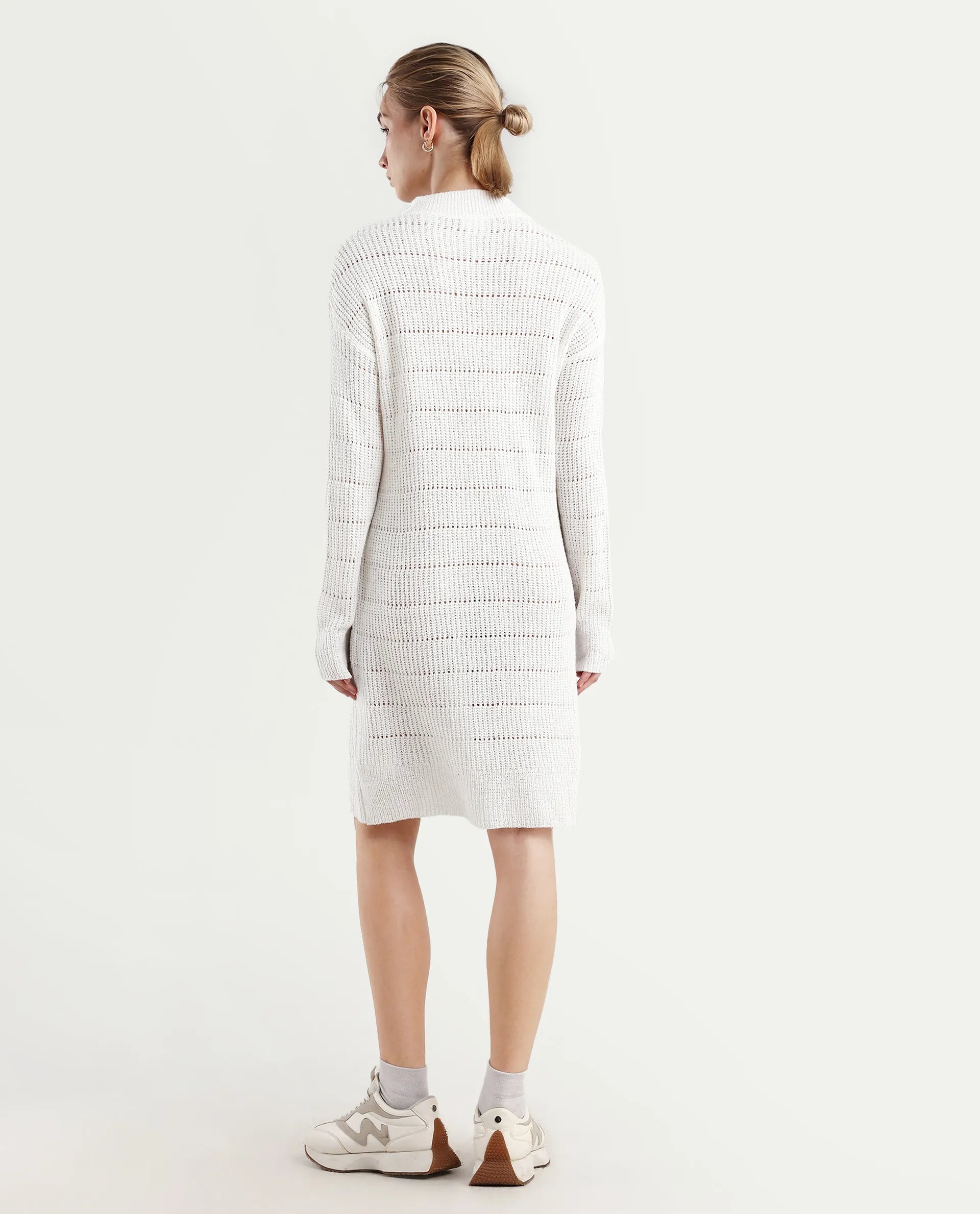 Rareism Women's Dorthiya Off White Crew Neck Plain Knee Length Straight Fit Dress