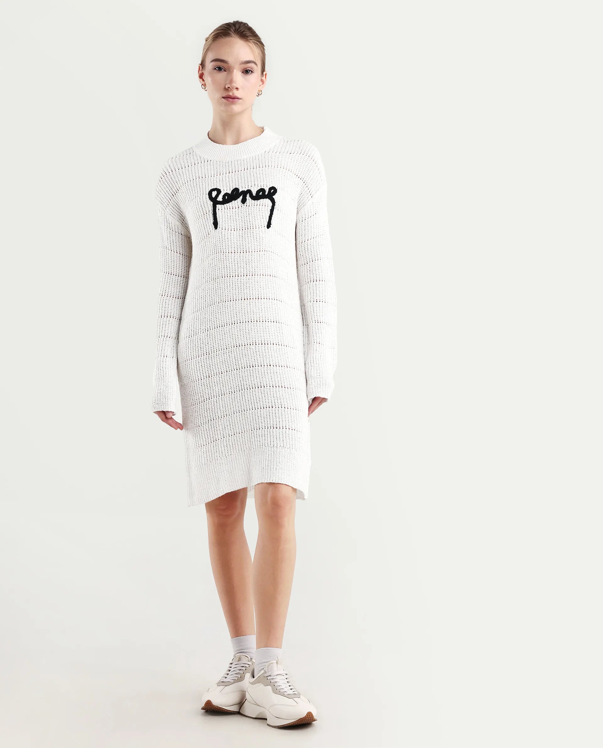 Rareism Women's Dorthiya Off White Crew Neck Plain Knee Length Straight Fit Dress