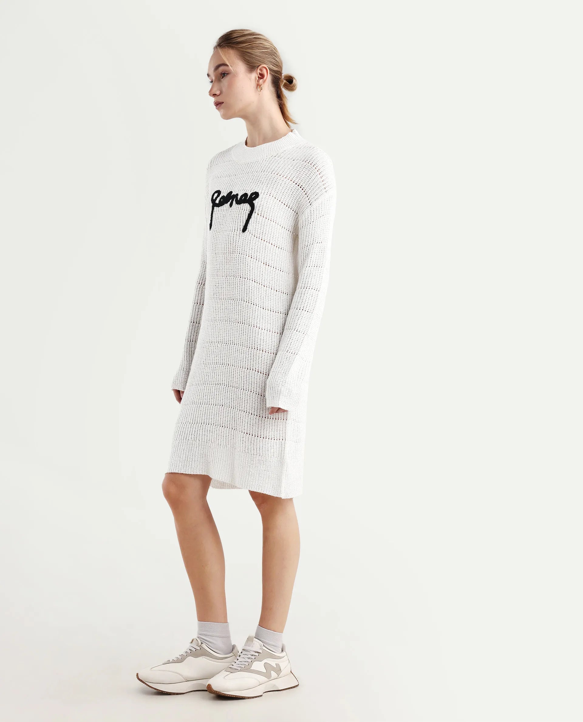 Rareism Women's Dorthiya Off White Crew Neck Plain Knee Length Straight Fit Dress