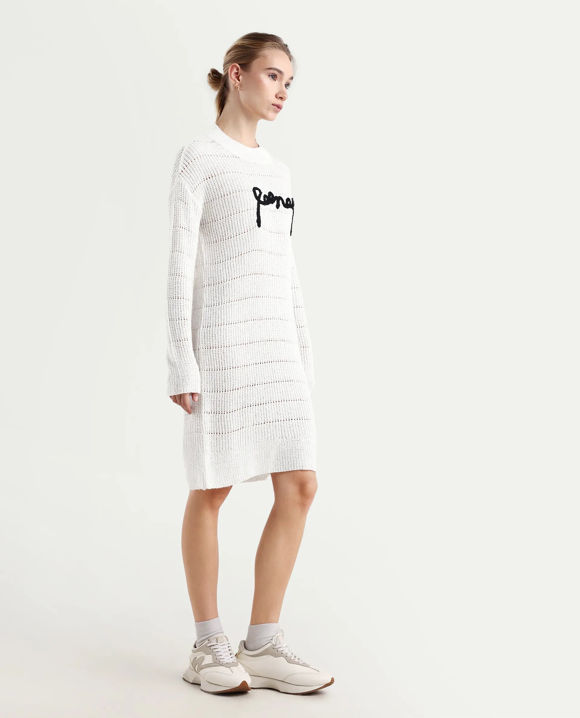 Rareism Women's Dorthiya Off White Crew Neck Plain Knee Length Straight Fit Dress