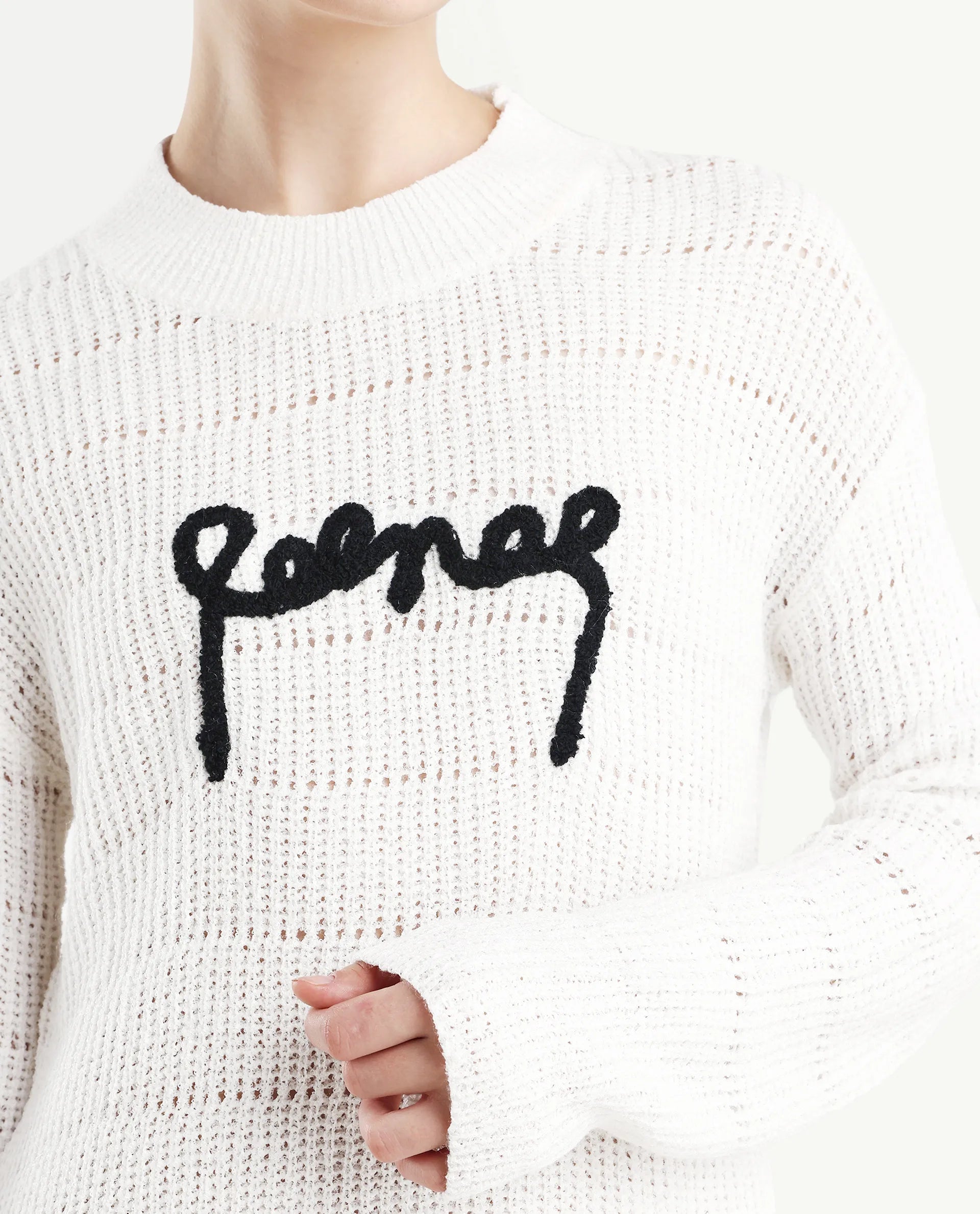 Rareism Women's Dorthiya Off White Crew Neck Plain Knee Length Straight Fit Dress