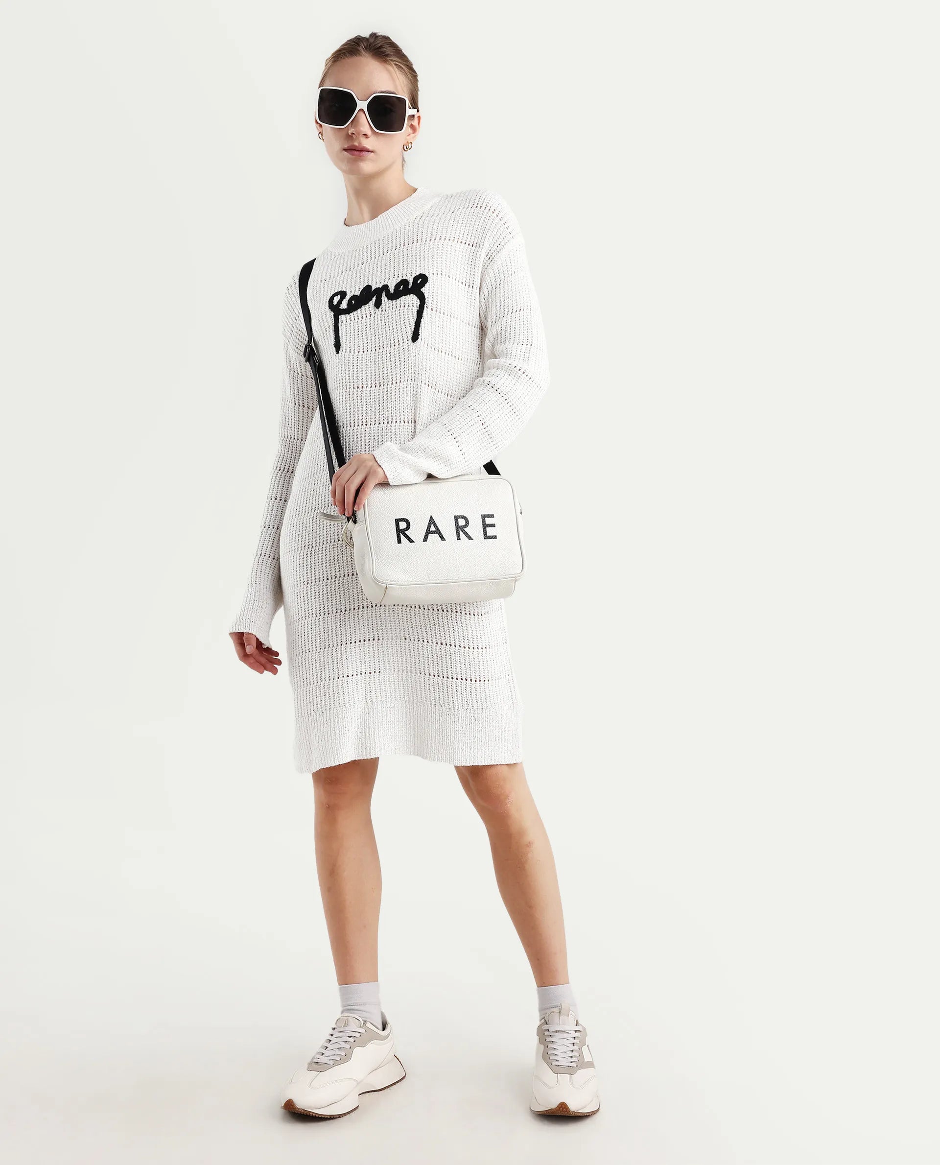 Rareism Women's Dorthiya Off White Crew Neck Plain Knee Length Straight Fit Dress