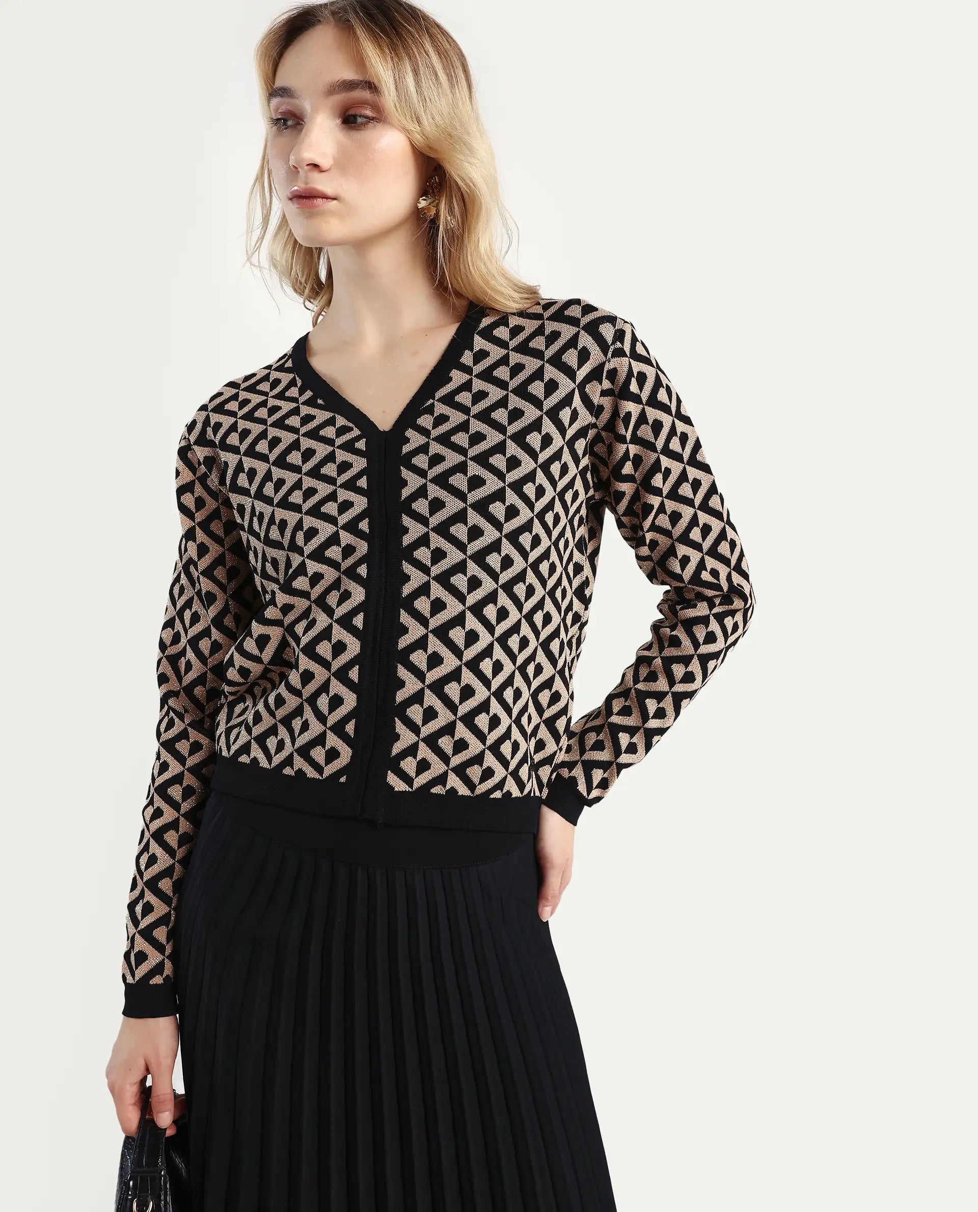 Rareism Women's Dortyol Black Viscose V-Neck Geometric Print Regular Fit Sweater