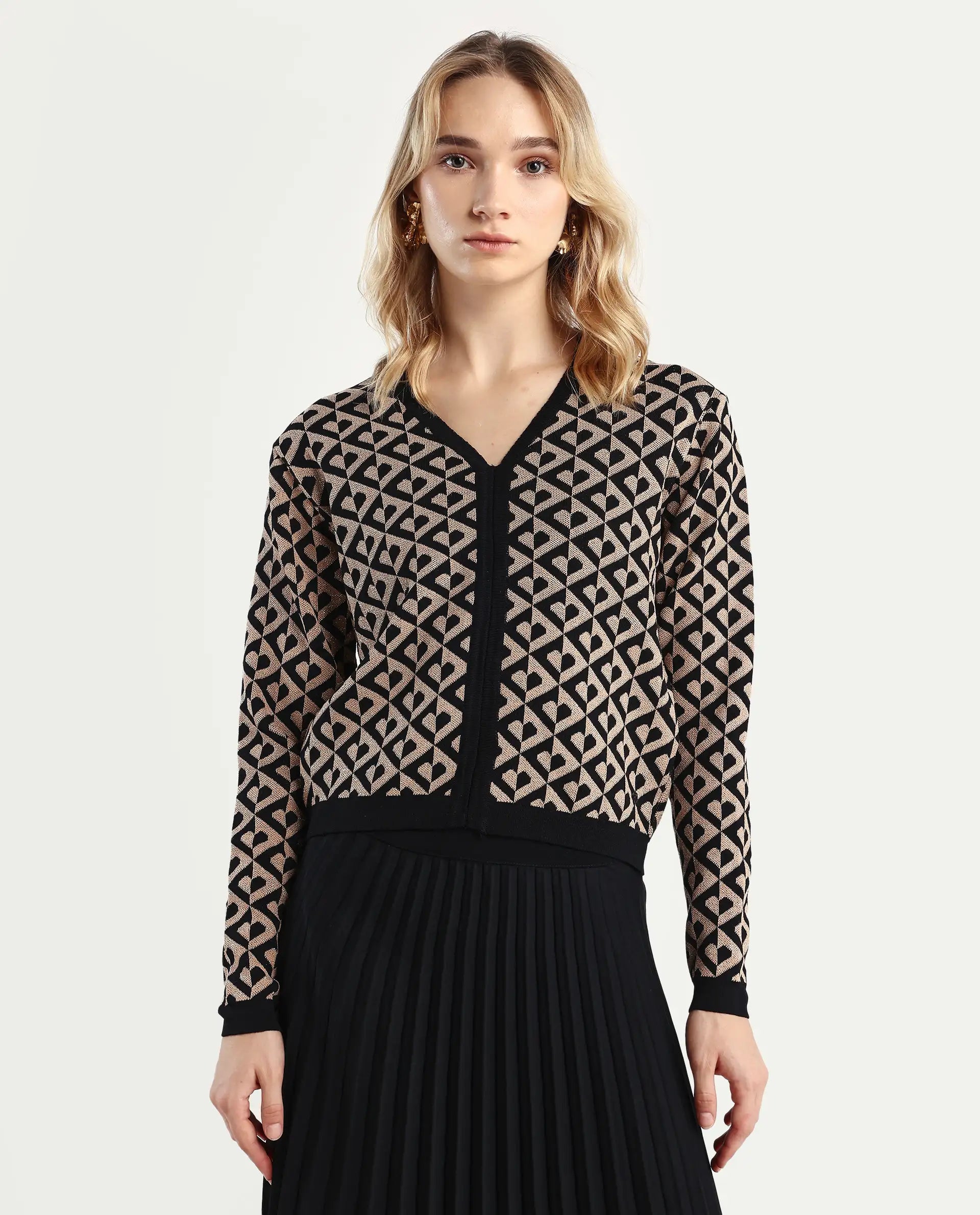 Rareism Women's Dortyol Black Viscose V-Neck Geometric Print Regular Fit Sweater