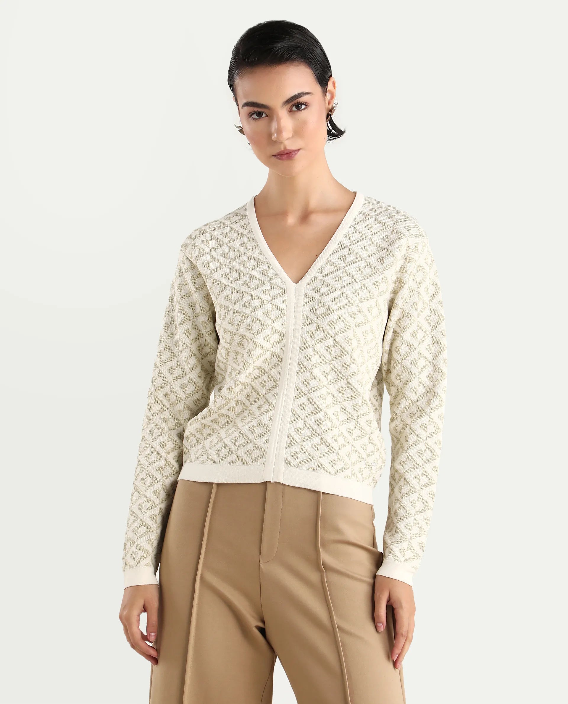 Rareism Women's Dortyol Off White Viscose V-Neck Geometric Print Regular Fit Sweater