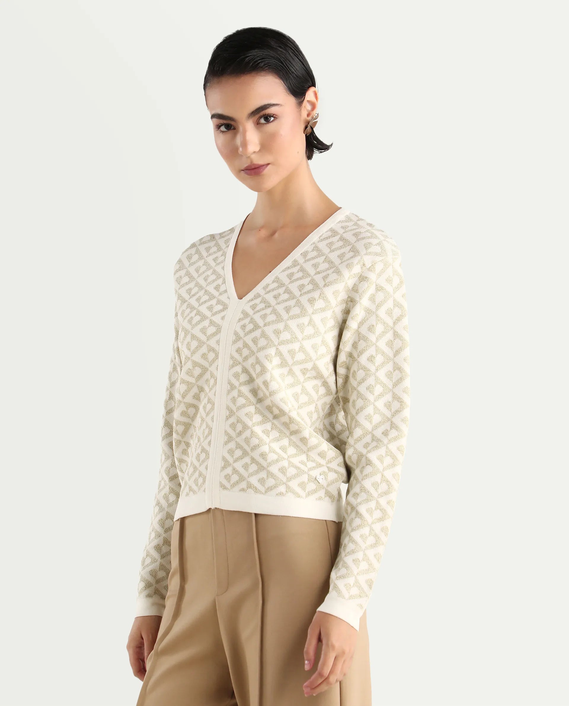 Rareism Women's Dortyol Off White Viscose V-Neck Geometric Print Regular Fit Sweater