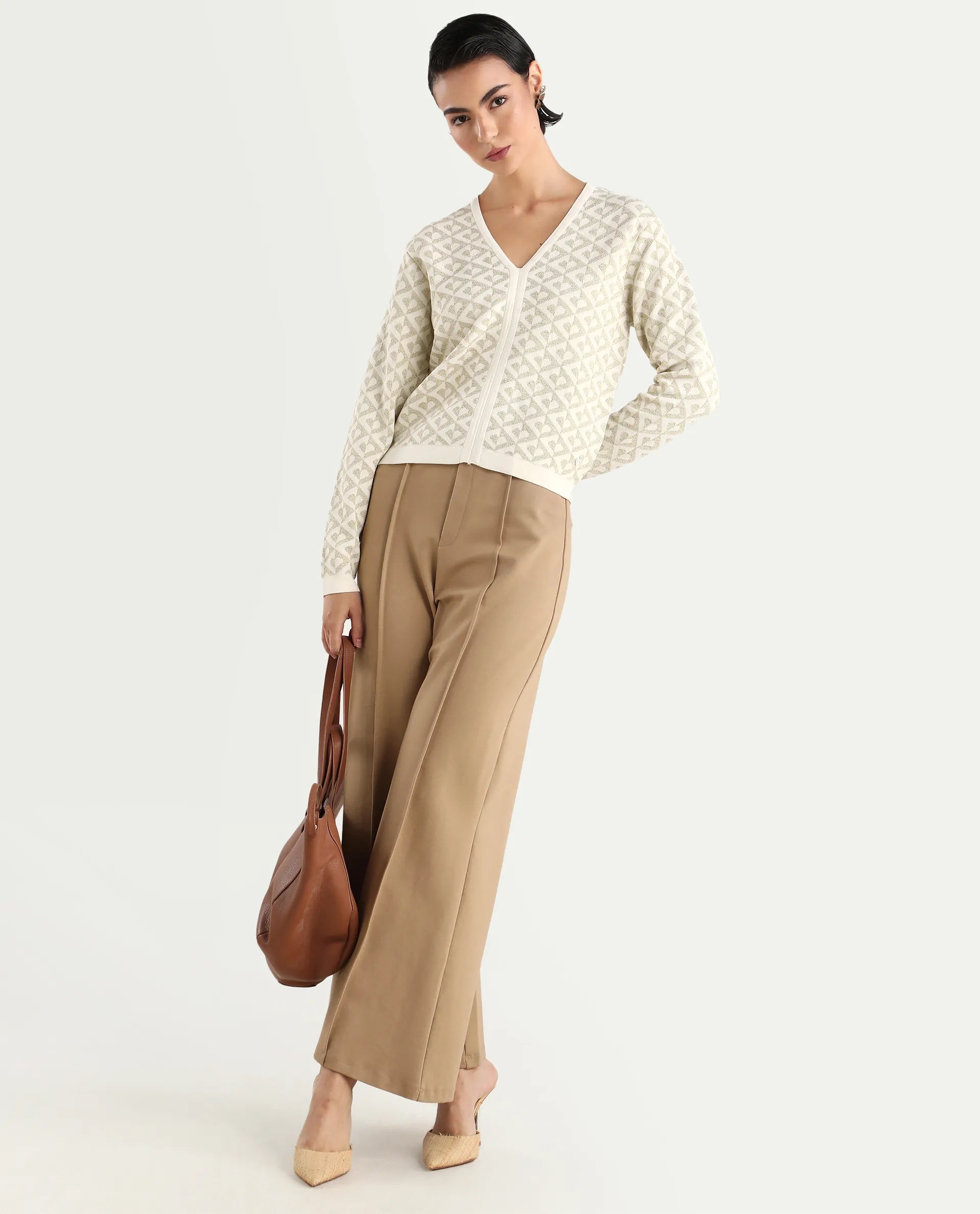 Rareism Women's Dortyol Off White Viscose V-Neck Geometric Print Regular Fit Sweater