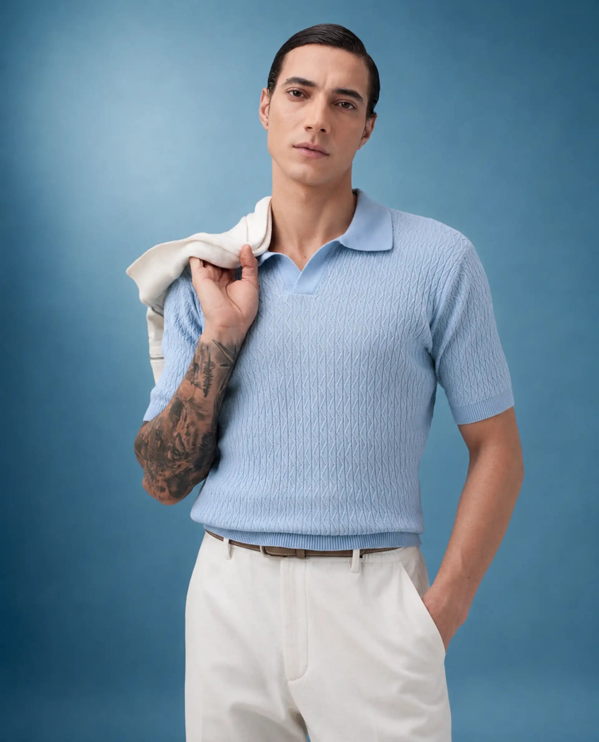 Rare Rabbit Men's Dot Light Blue Cotton Fabric Half Sleeve Regular Fit Textured Polo
