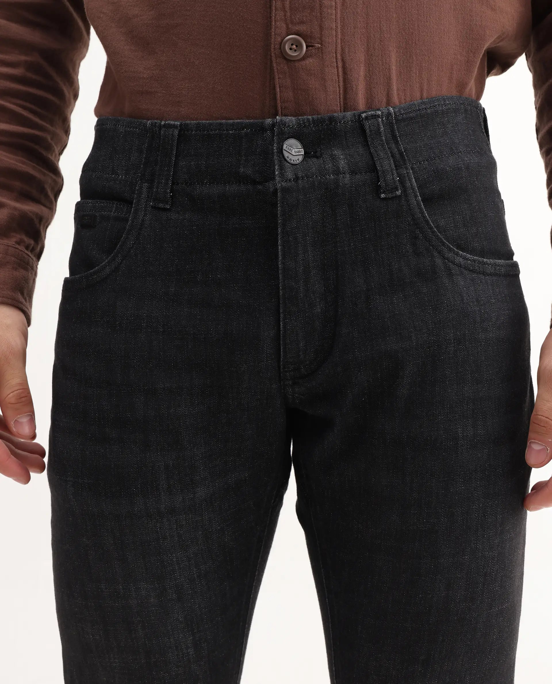 Rare Rabbit Mens Dove Black Cotton Polyester Solid Skinny Fit Jeans