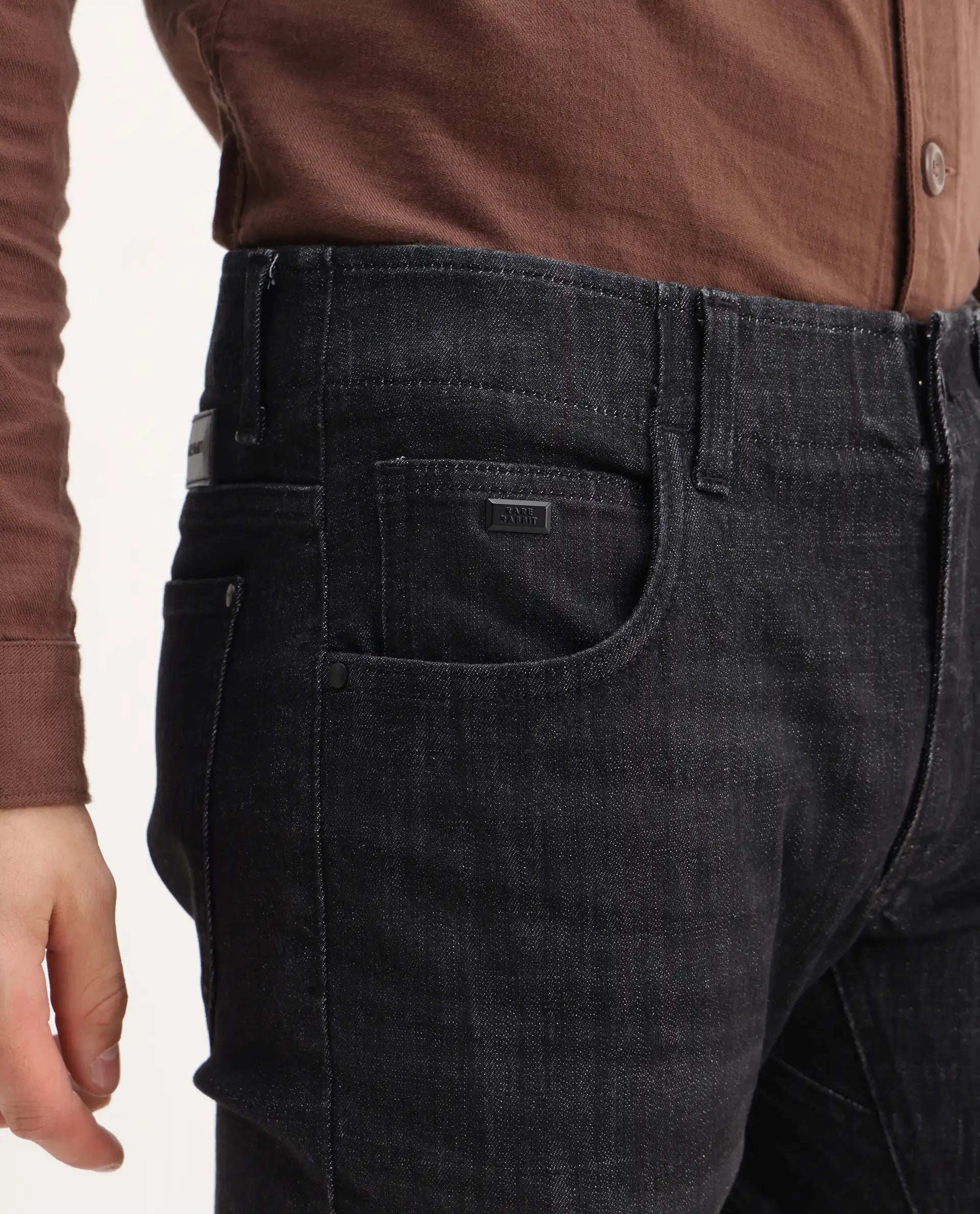 Rare Rabbit Mens Dove Black Cotton Polyester Solid Skinny Fit Jeans