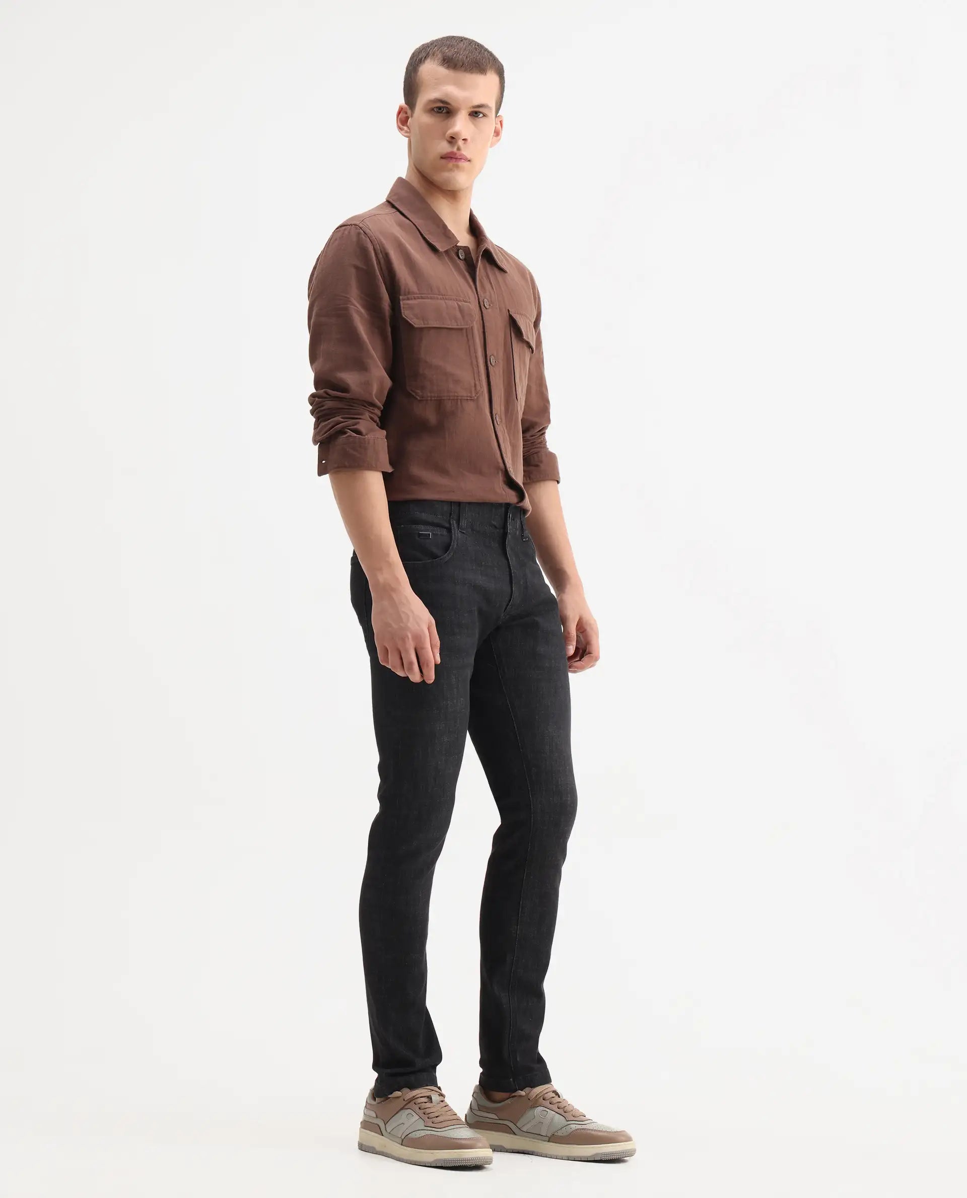 Rare Rabbit Mens Dove Black Cotton Polyester Solid Skinny Fit Jeans