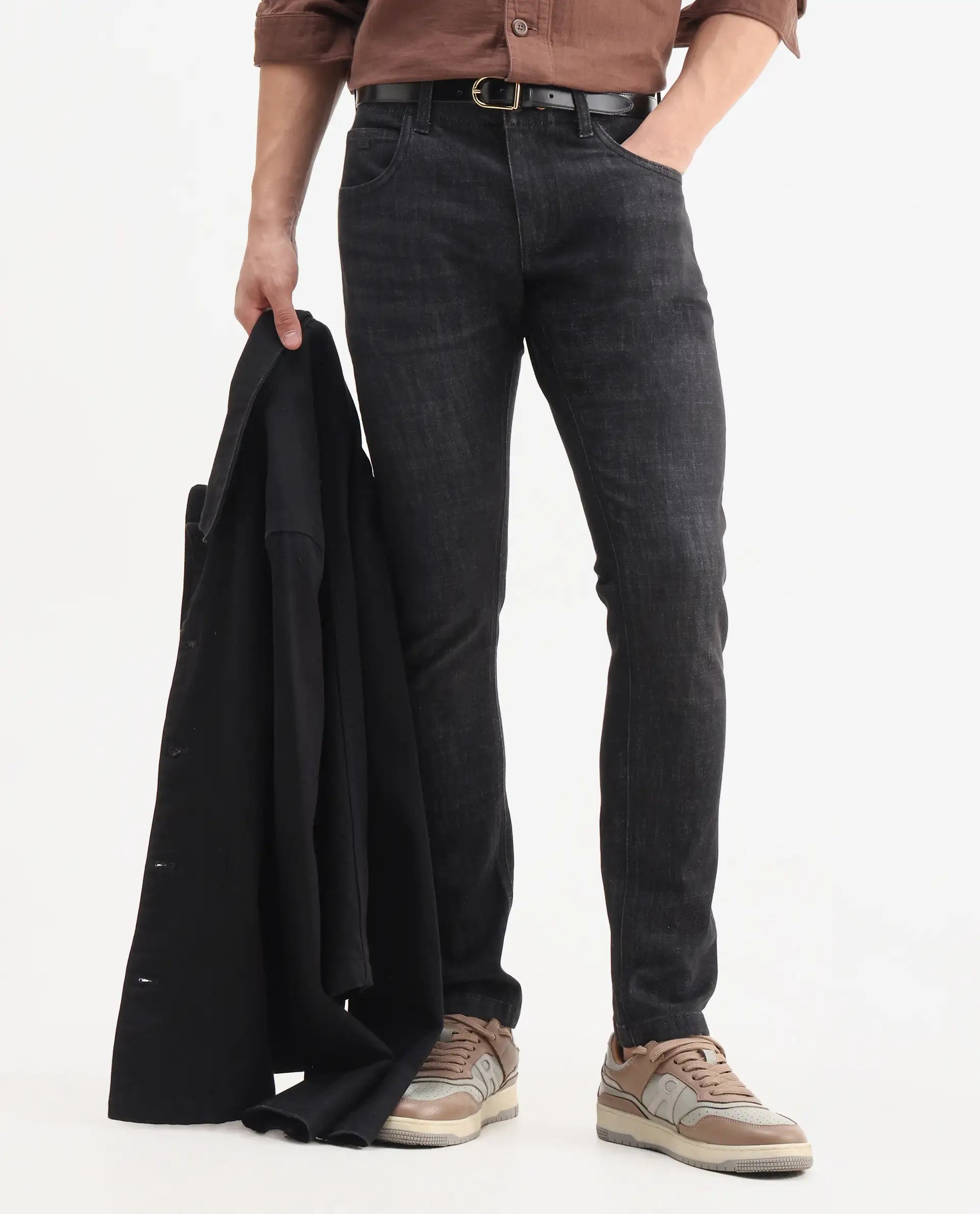 Rare Rabbit Mens Dove Black Cotton Polyester Solid Skinny Fit Jeans