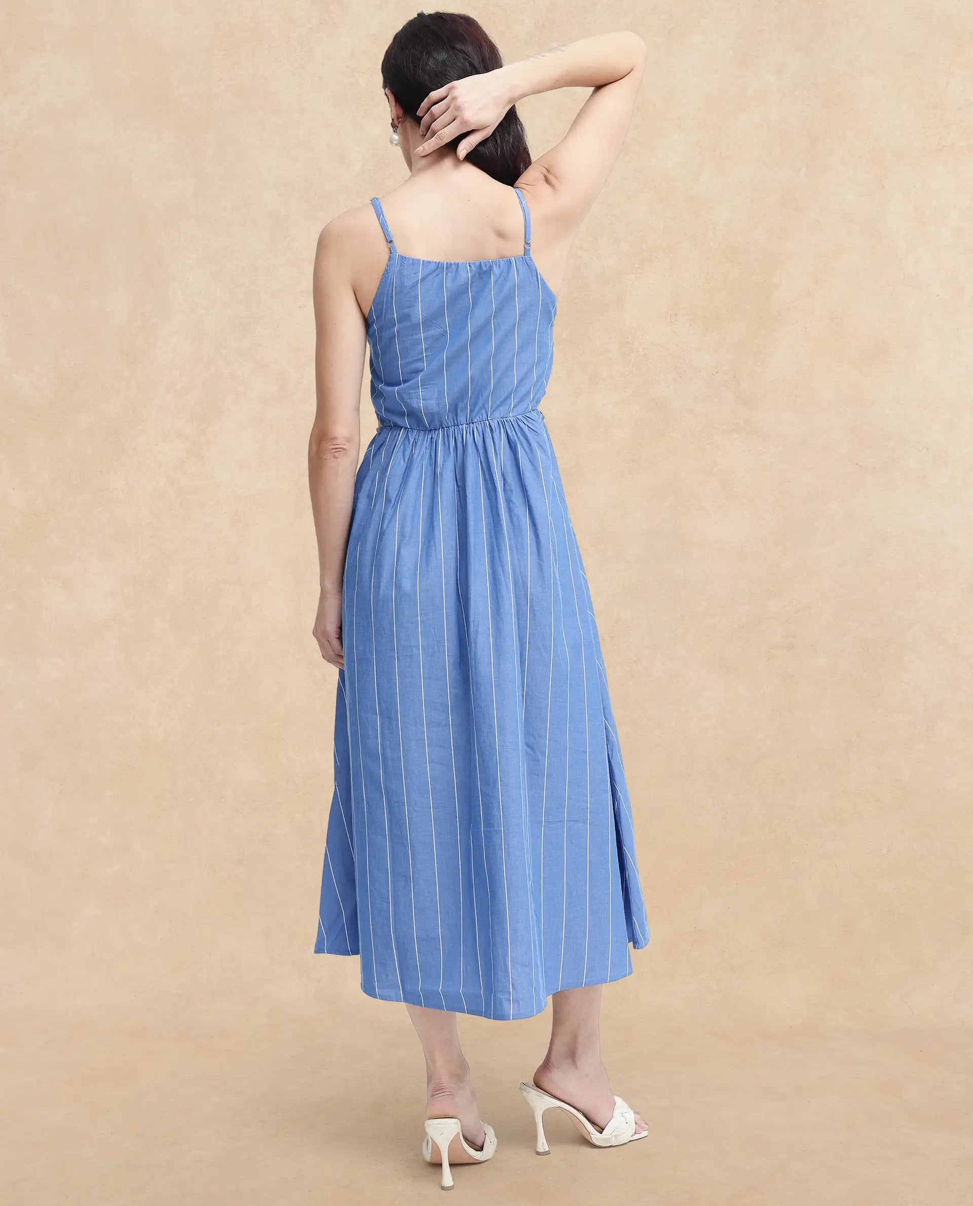 Rareism Women's Doyle Blue Asymmetric Neck Zipper Closure Sleeveless Striped Fit And Flare Midi Dress