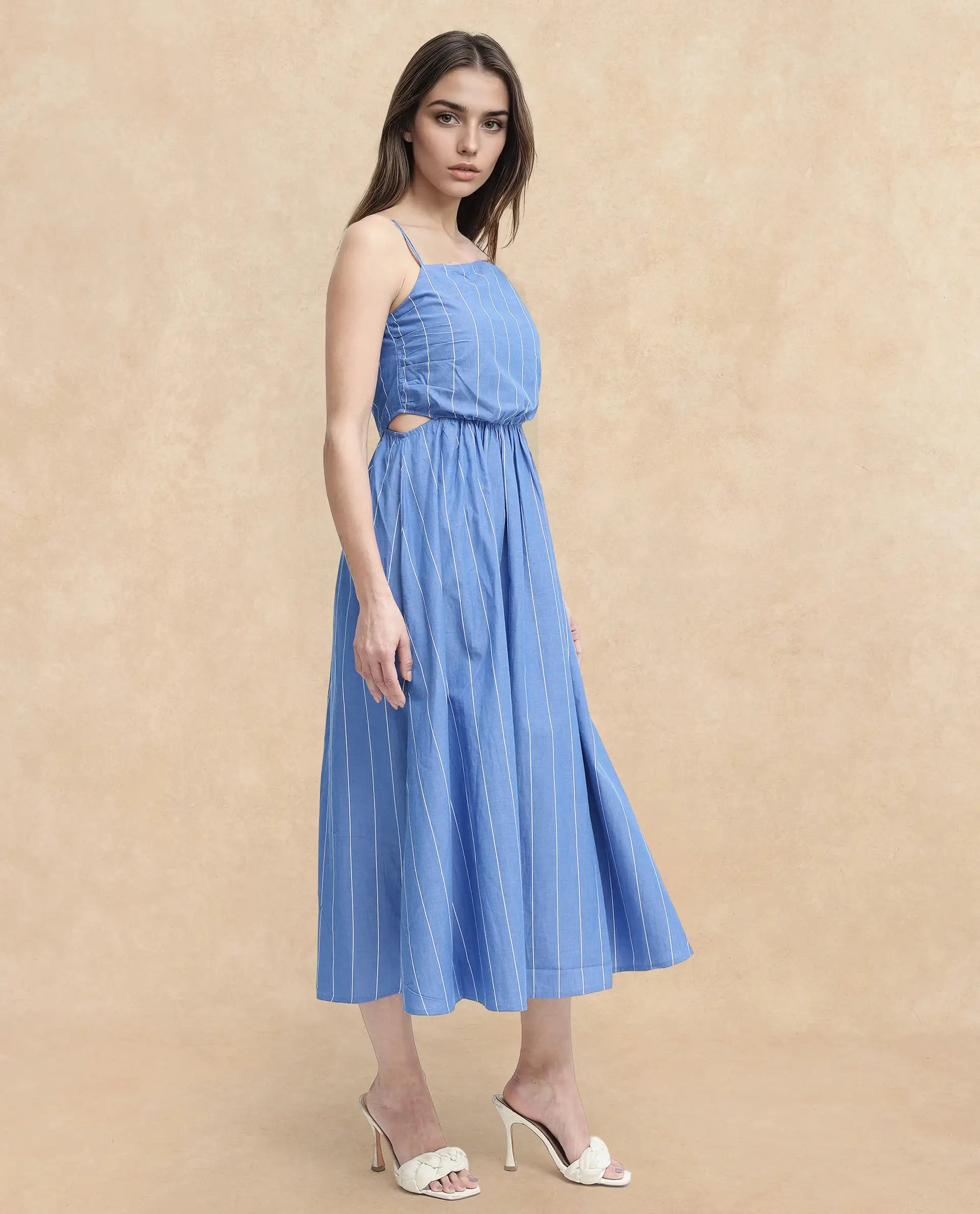 Rareism Women's Doyle Blue Asymmetric Neck Zipper Closure Sleeveless Striped Fit And Flare Midi Dress