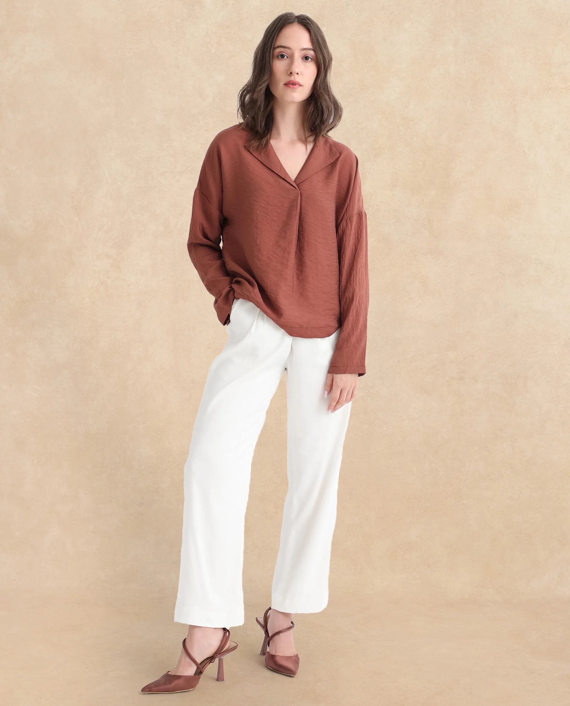 Rareism Women Drap Brown Viscose Nylon Fabric Full Sleeves Lapel Neck Relaxed Fit Plain Top