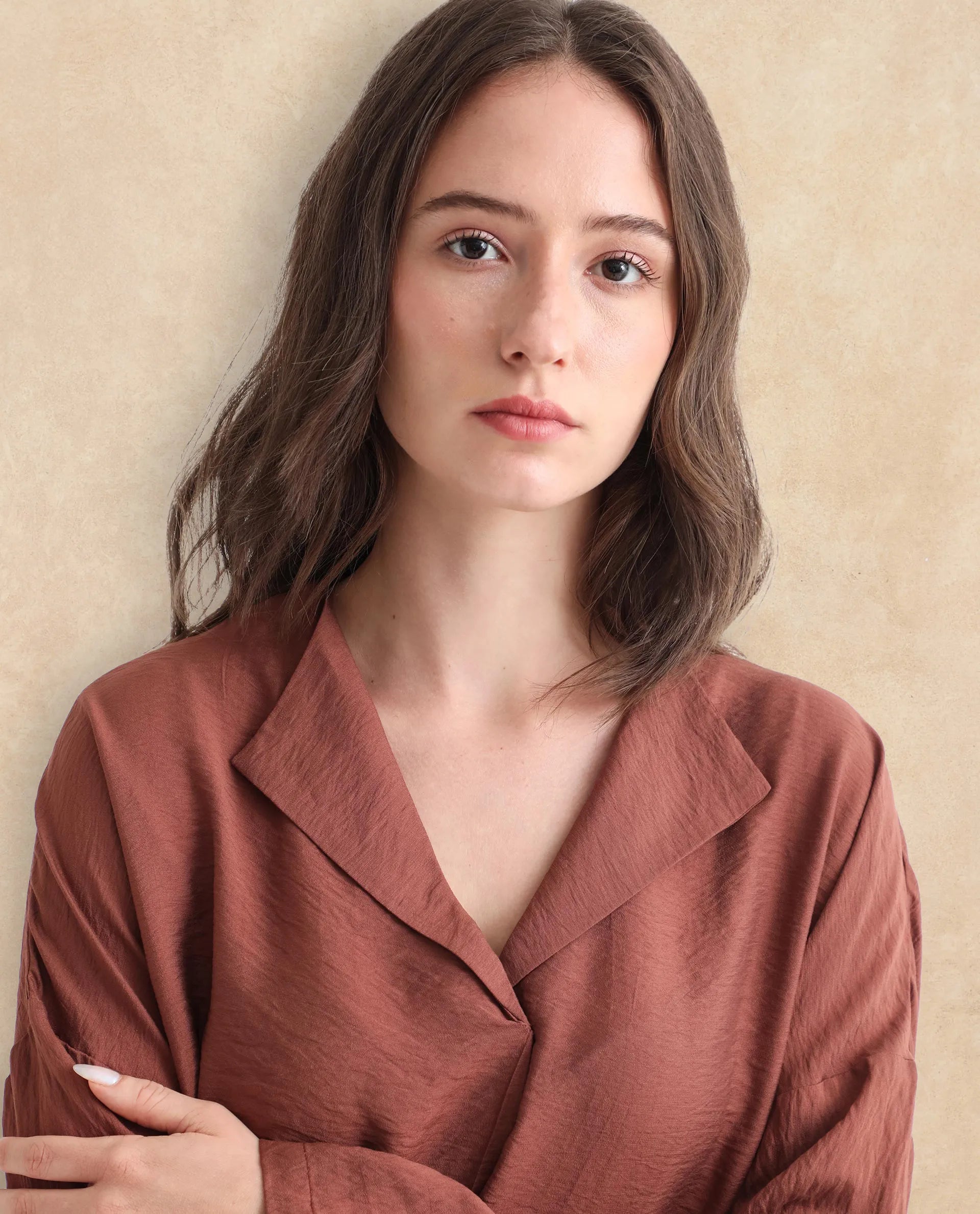 Rareism Women Drap Brown Viscose Nylon Fabric Full Sleeves Lapel Neck Relaxed Fit Plain Top