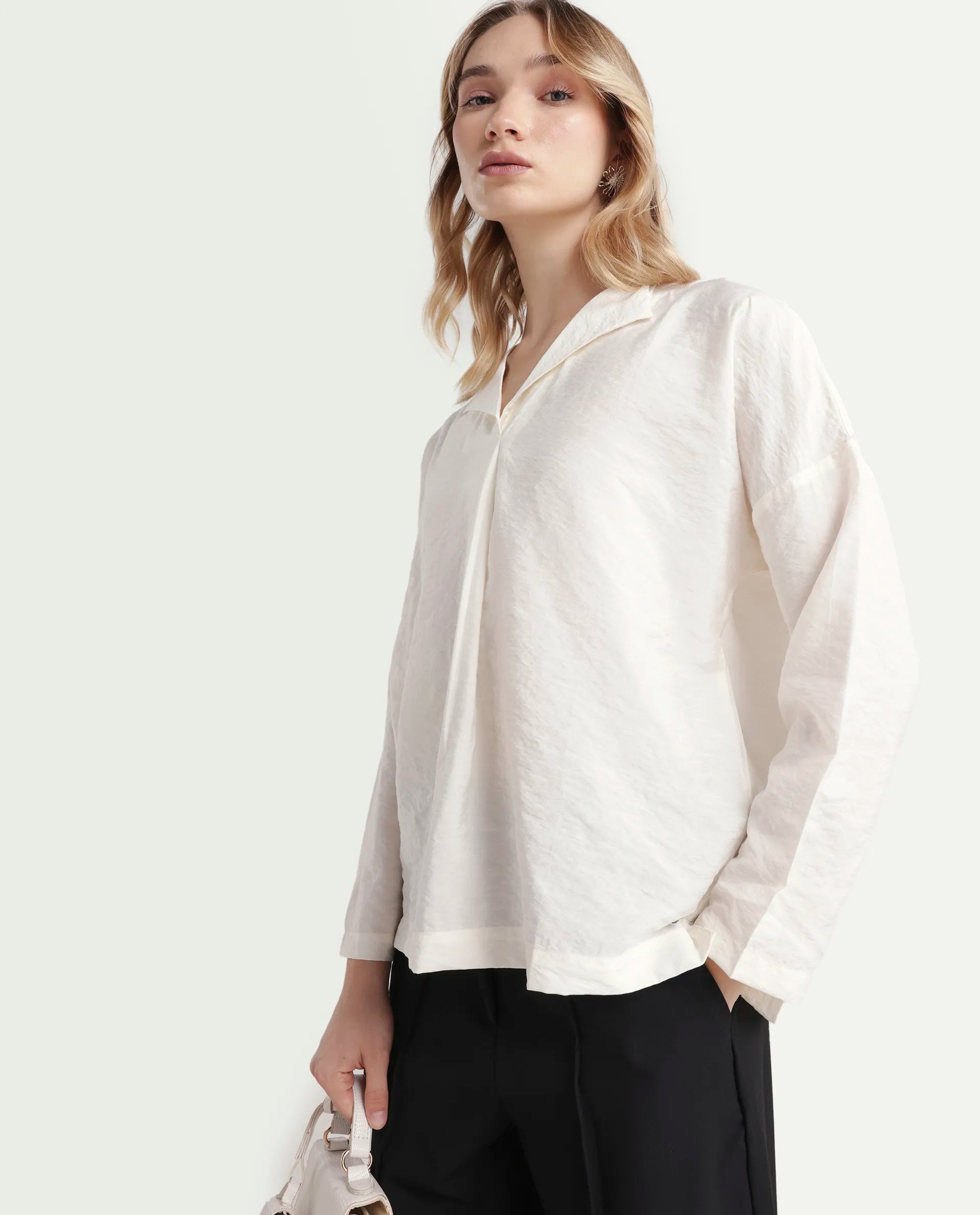 Rareism Women's Drap Off White Nylon Blend Lapel Neck Plain Relaxed Fit Top