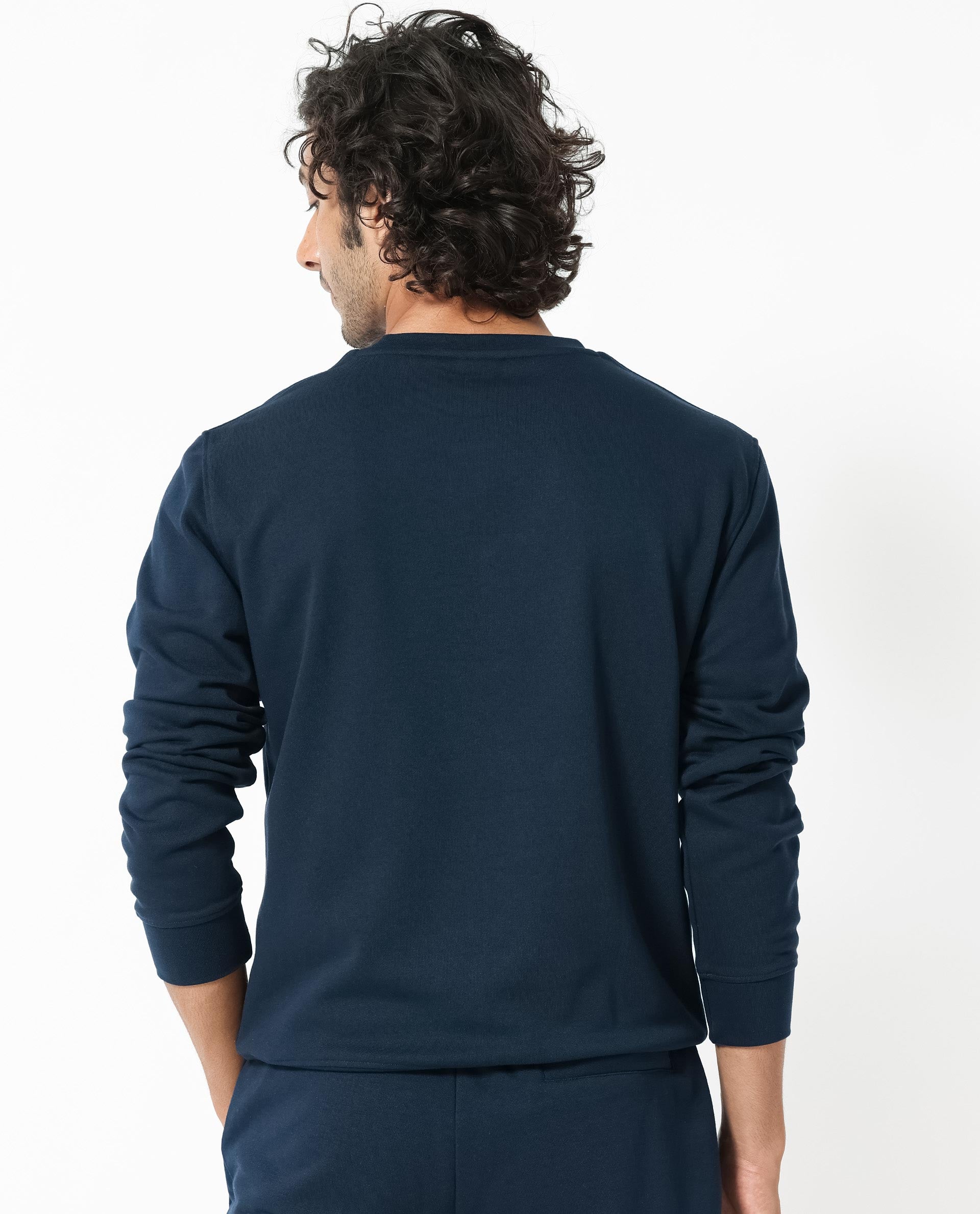 Rare Rabbit Men's Drato Navy Cotton Polyester Terry Fabric Full Sleeves Logo Graphic Print Knitted Sweatshirt