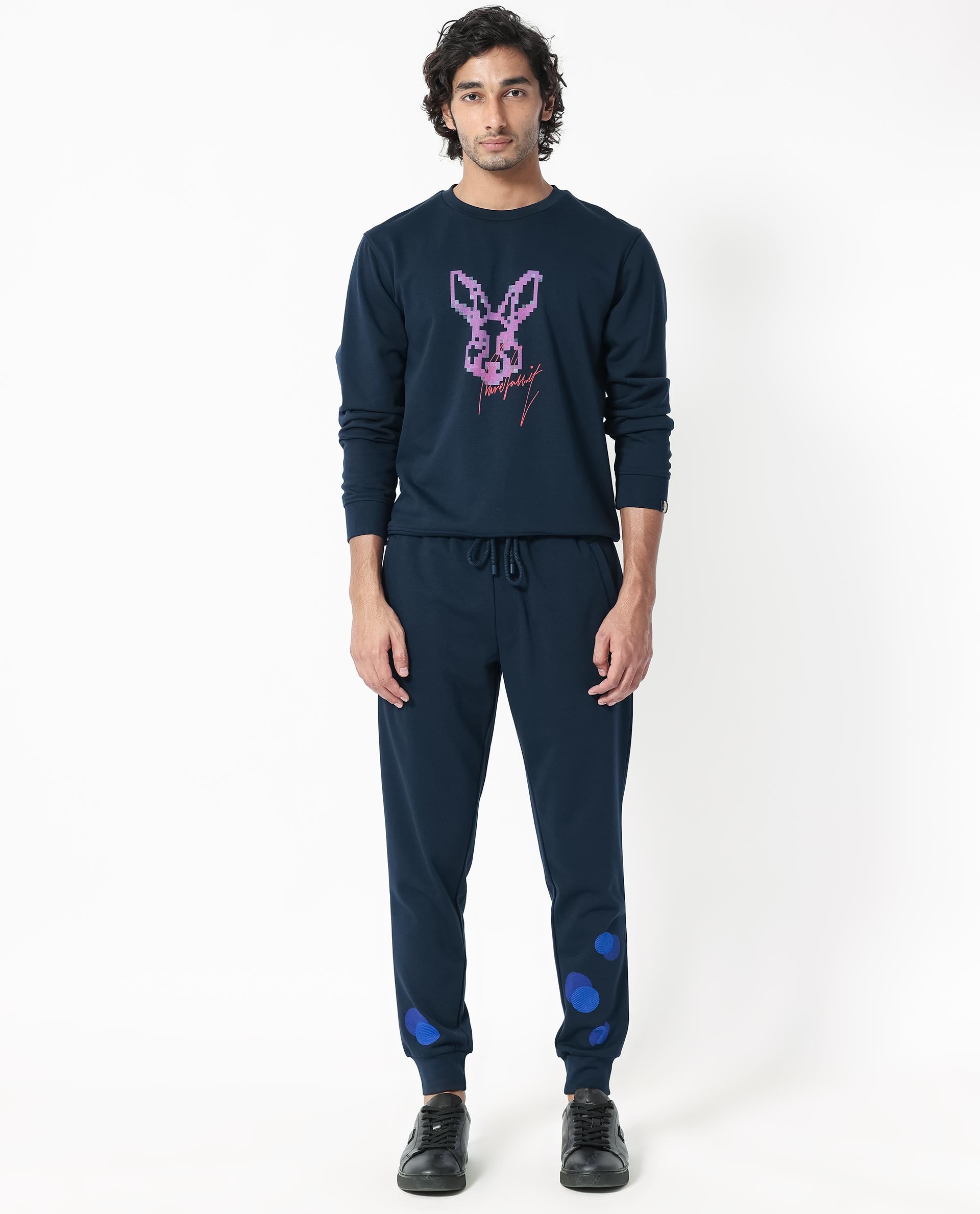 Rare Rabbit Men's Drato Navy Cotton Polyester Terry Fabric Full Sleeves Logo Graphic Print Knitted Sweatshirt