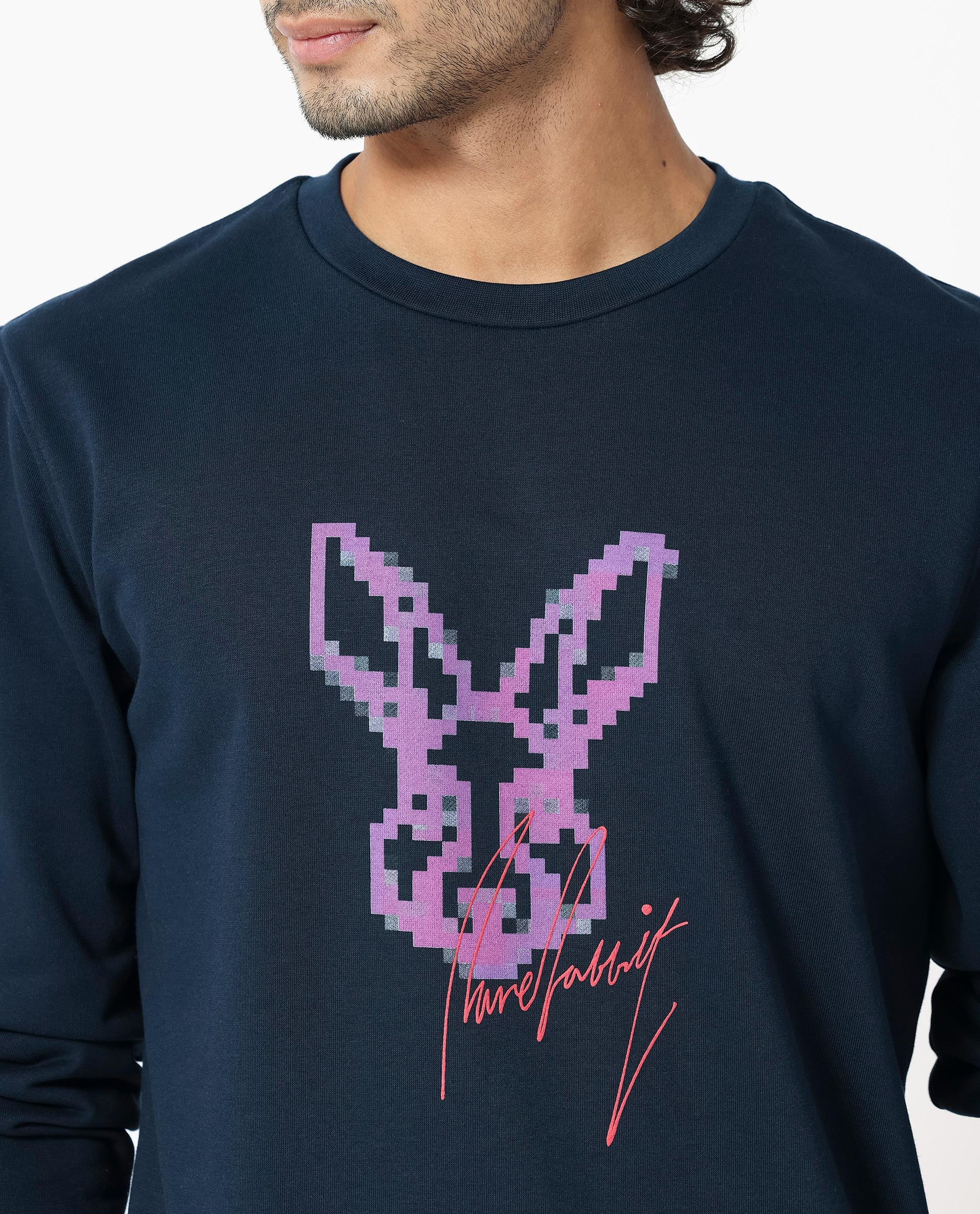 Rare Rabbit Men's Drato Navy Cotton Polyester Terry Fabric Full Sleeves Logo Graphic Print Knitted Sweatshirt