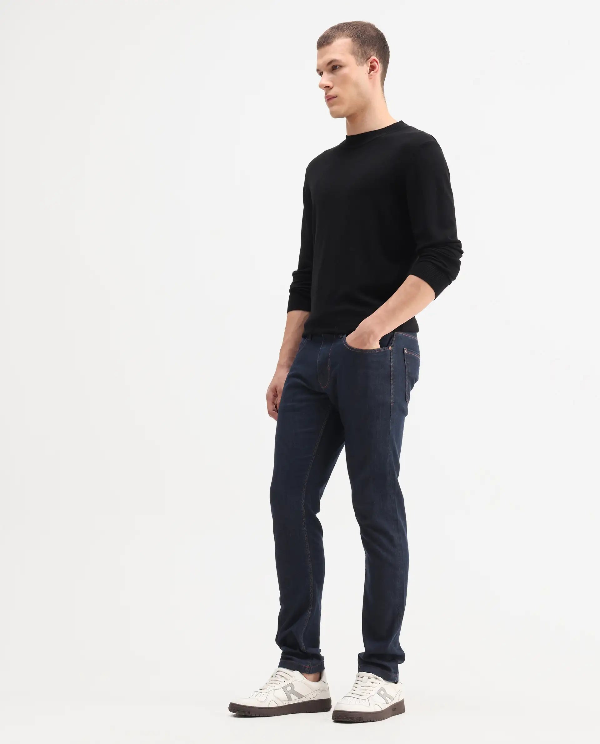 Rare Rabbit Men's Dratt Navy Cotton Plain Hawk Slim Fit Jeans
