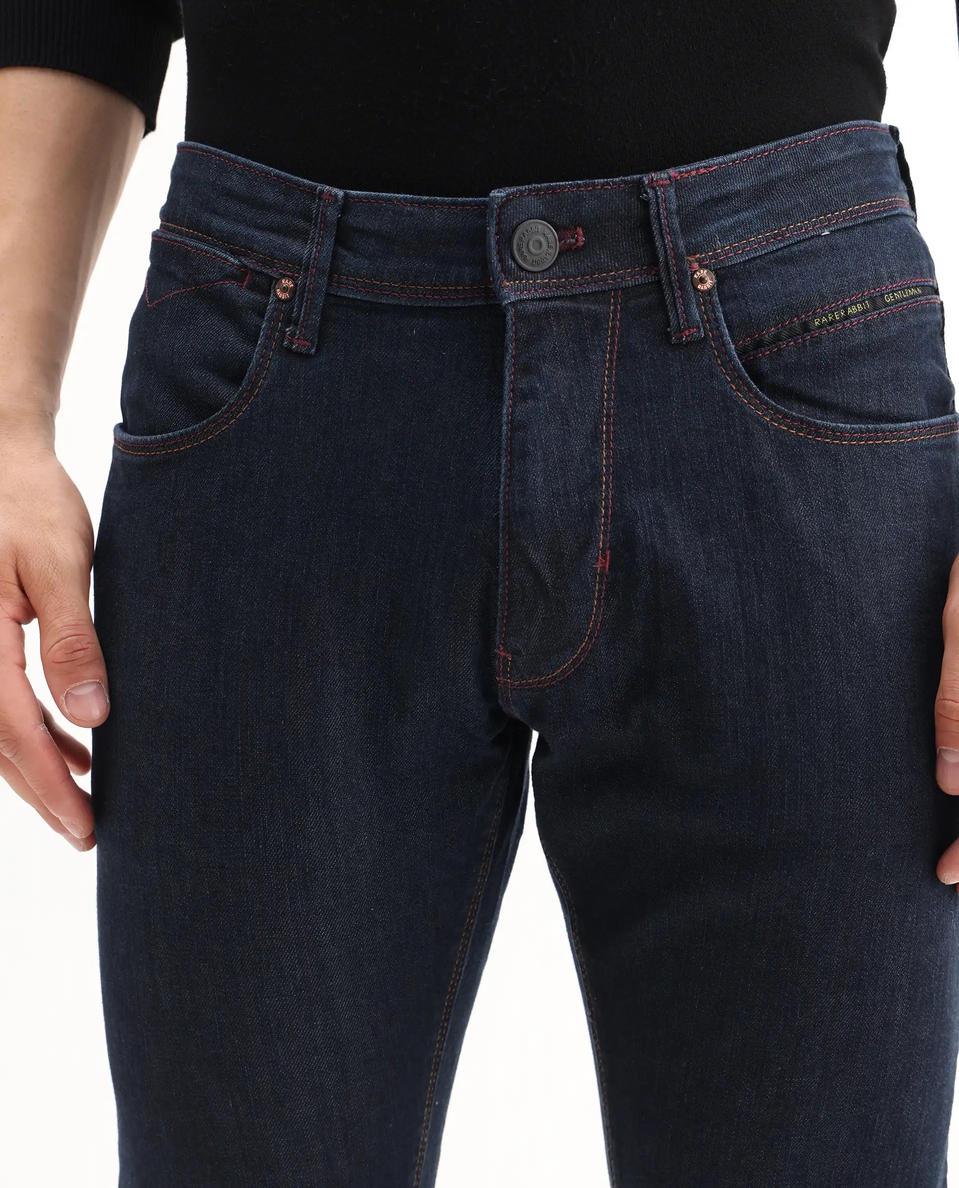 Rare Rabbit Men's Dratt Navy Cotton Plain Hawk Slim Fit Jeans