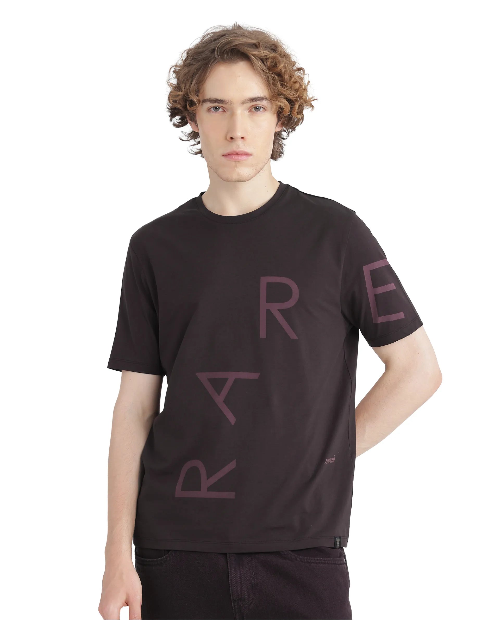 Rare Rabbit Men Drax Dark Brown Cotton Blend Fabric Short Sleeve Crew Neck Placement Typography Print T-Shirt