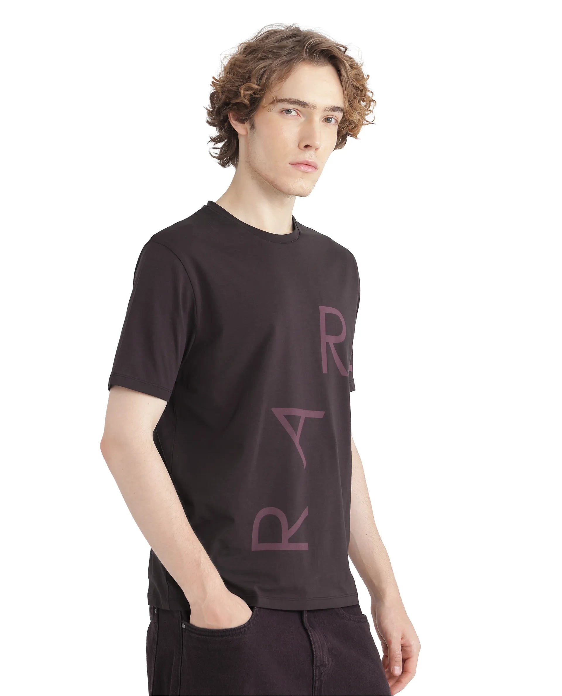 Rare Rabbit Men Drax Dark Brown Cotton Blend Fabric Short Sleeve Crew Neck Placement Typography Print T-Shirt