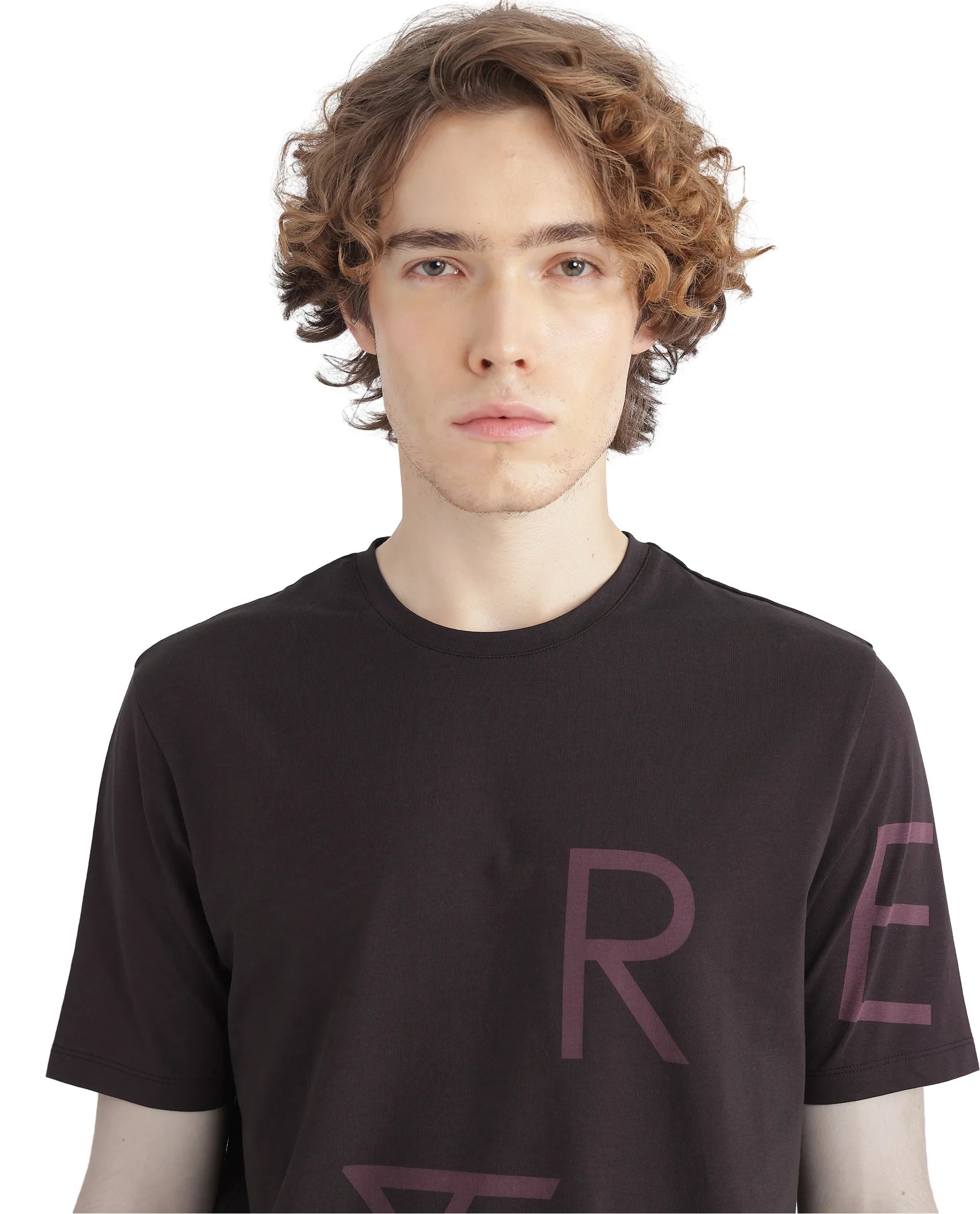 Rare Rabbit Men Drax Dark Brown Cotton Blend Fabric Short Sleeve Crew Neck Placement Typography Print T-Shirt