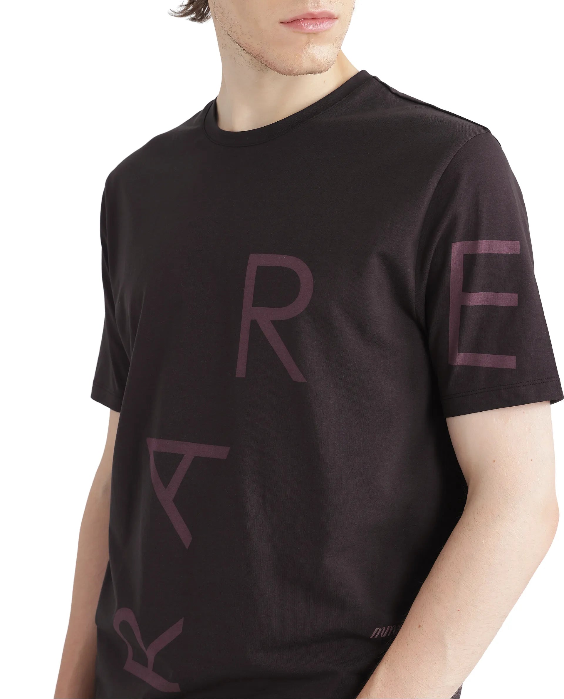 Rare Rabbit Men Drax Dark Brown Cotton Blend Fabric Short Sleeve Crew Neck Placement Typography Print T-Shirt