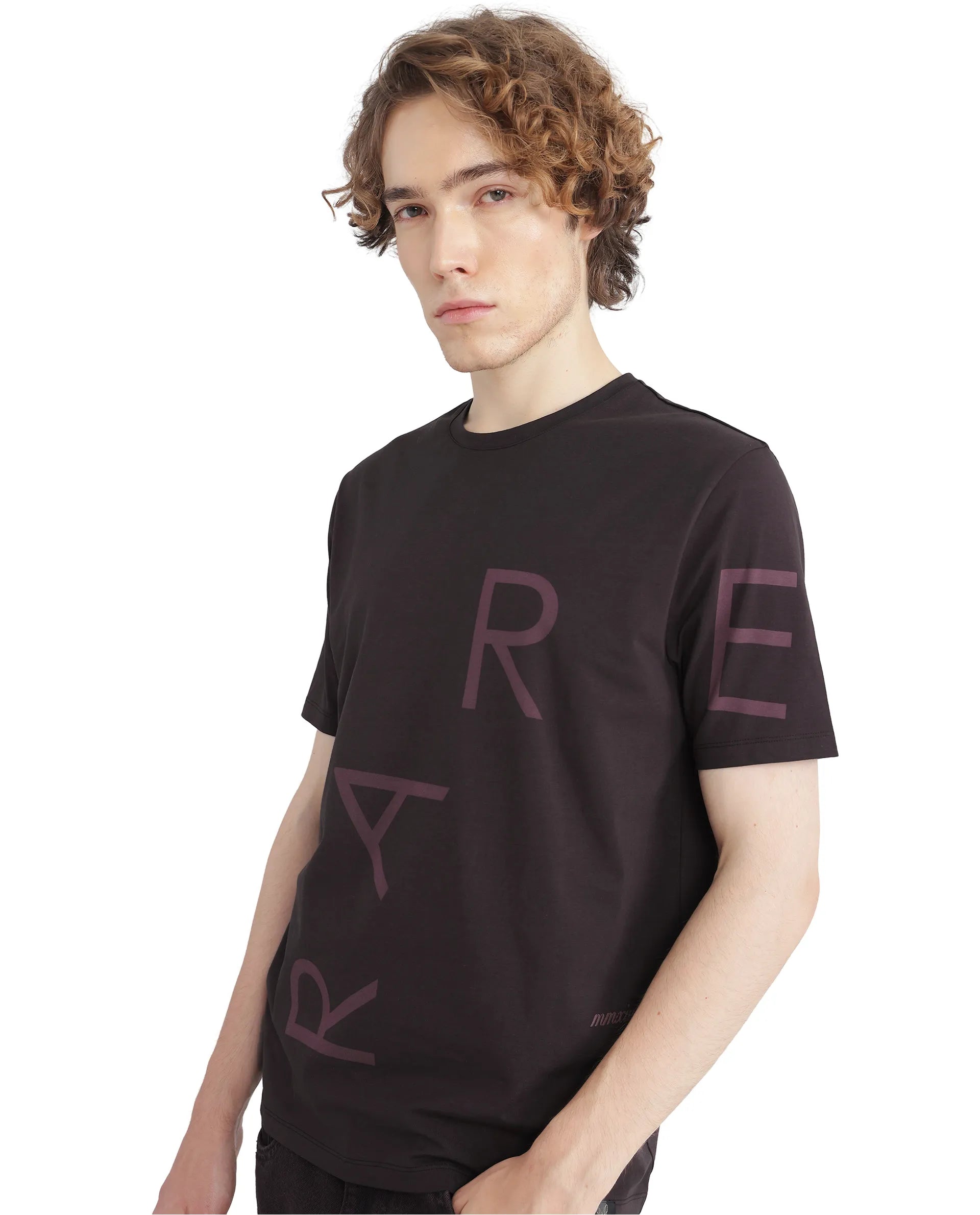 Rare Rabbit Men Drax Dark Brown Cotton Blend Fabric Short Sleeve Crew Neck Placement Typography Print T-Shirt