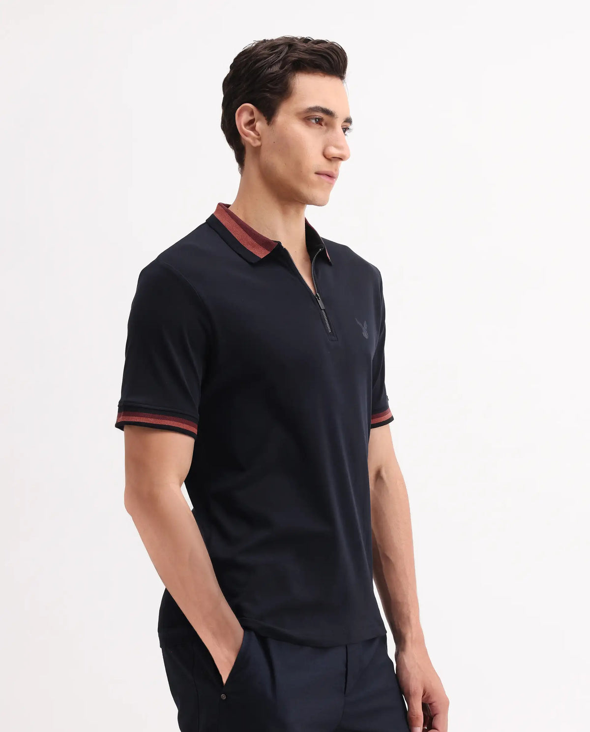 Rare Rabbit Men's Drax Navy Cotton Plain Regular Fit Half Sleeve Polo