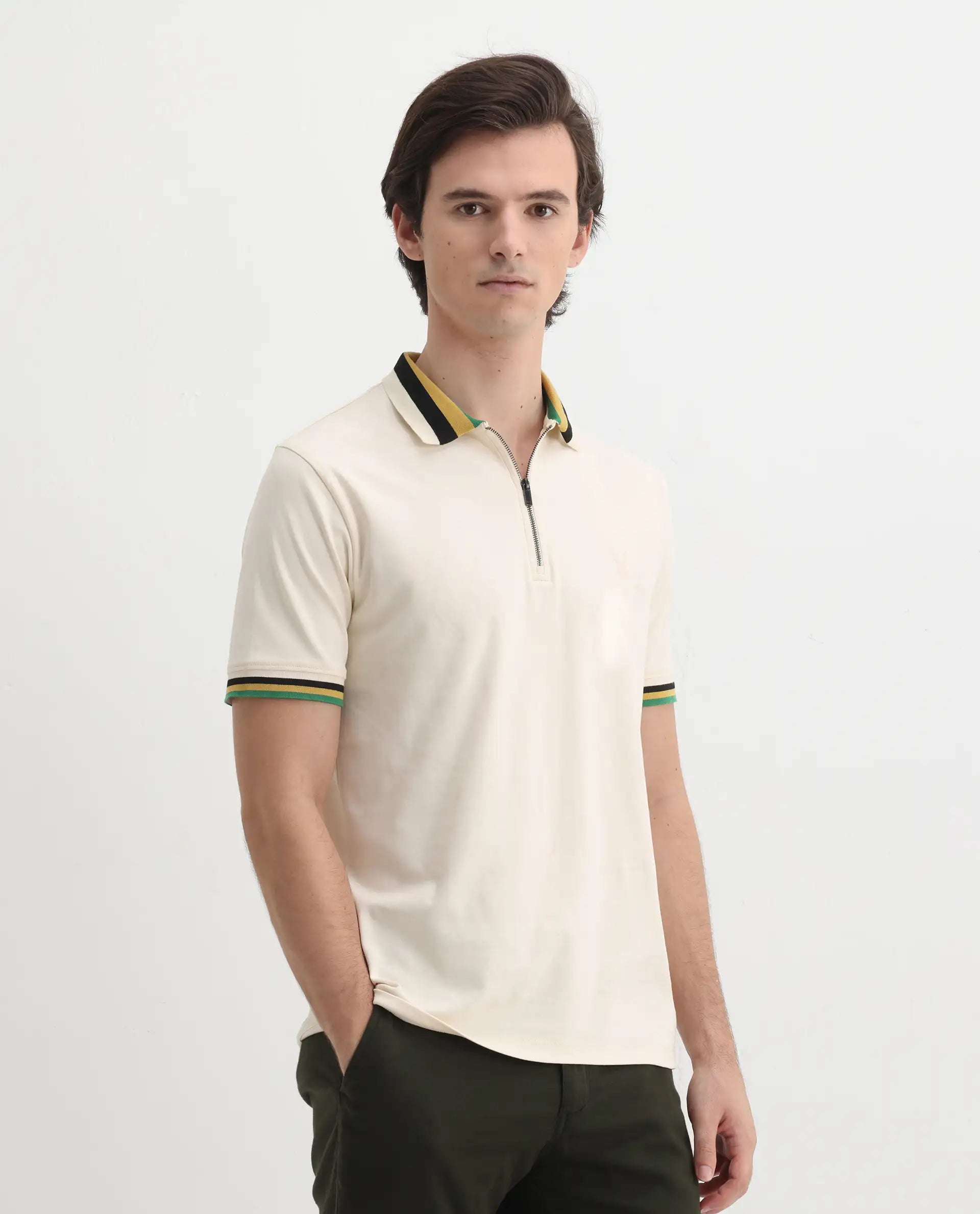 Rare Rabbit Men's Drax Off White Cotton Plain Regular Fit Half Sleeve Polo
