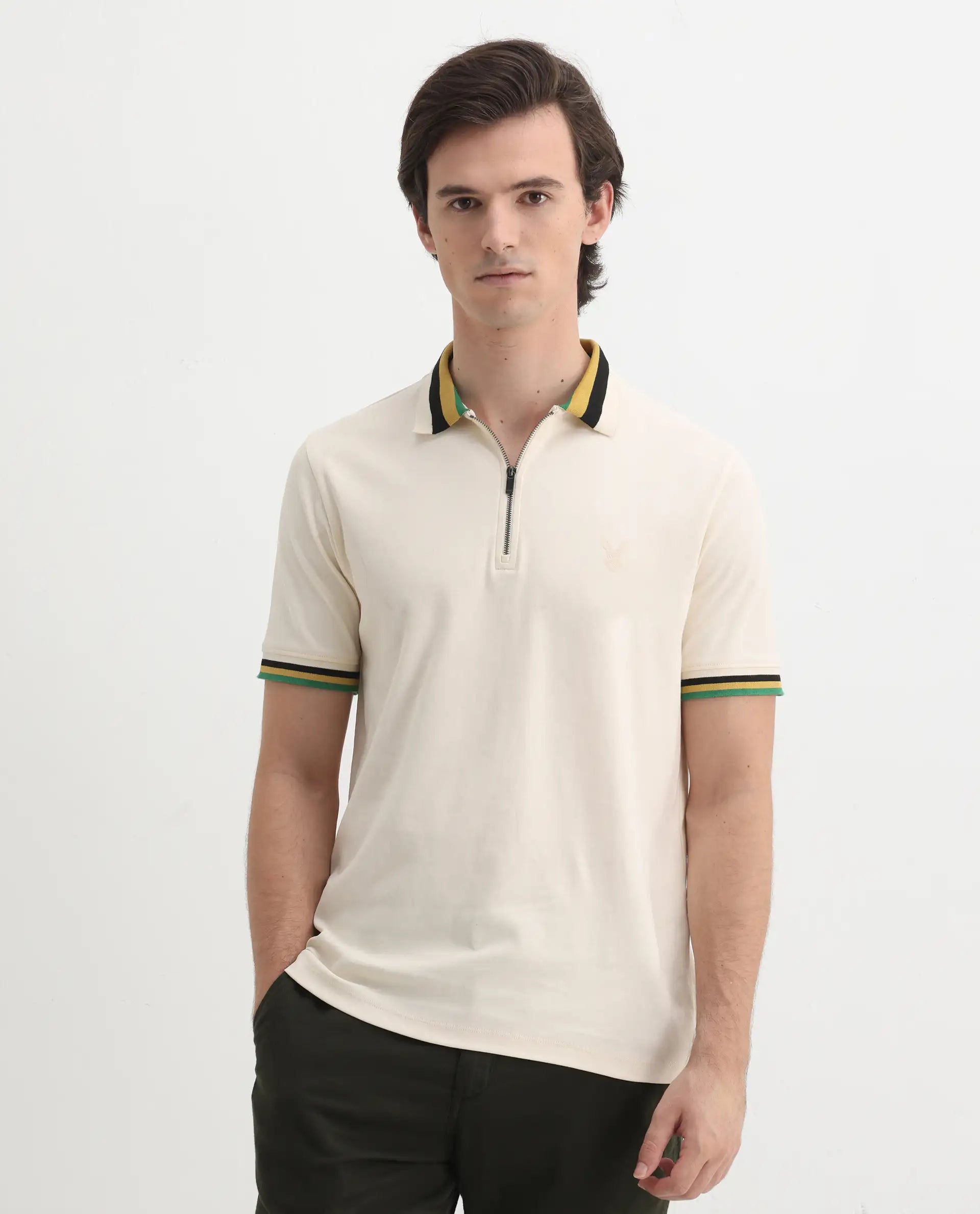 Rare Rabbit Men's Drax Off White Cotton Plain Regular Fit Half Sleeve Polo