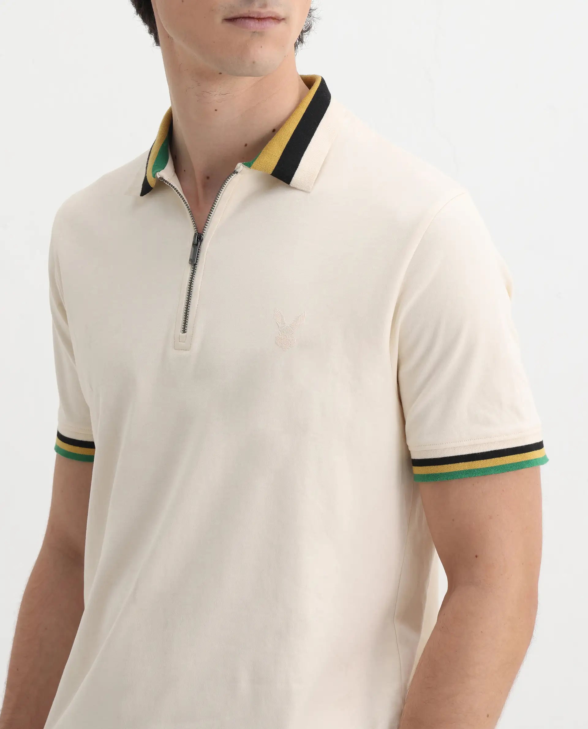 Rare Rabbit Men's Drax Off White Cotton Plain Regular Fit Half Sleeve Polo