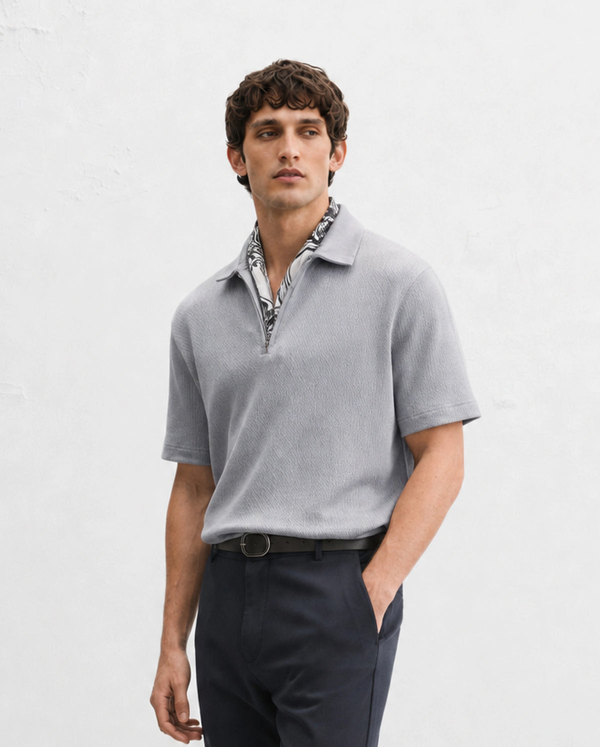 Rare Rabbit Men's Dreak Light Grey Cotton Blend Spread Collar Regular Jacquard Polo