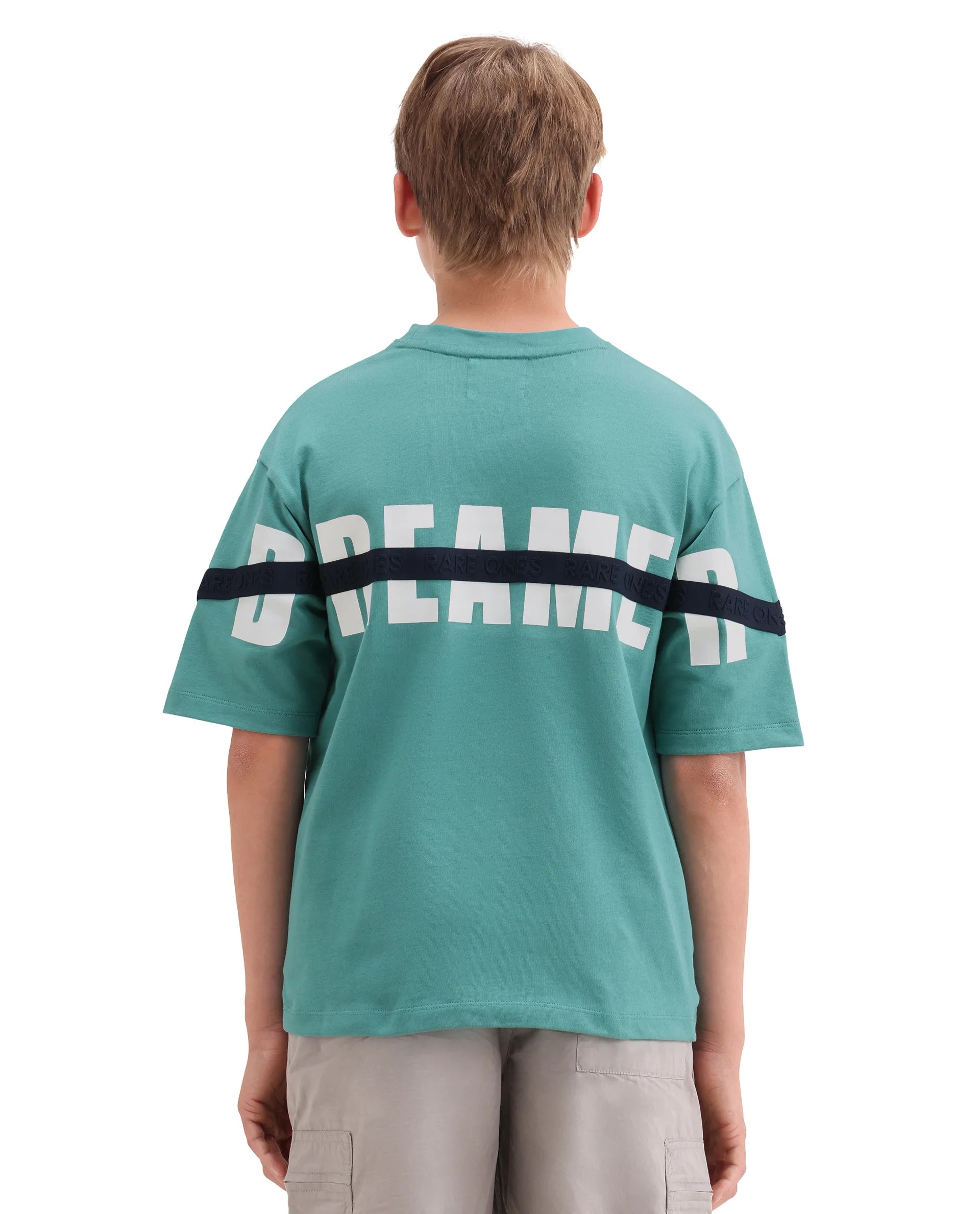 Rare Ones Kids Dream Teal Cotton Fabric Pull-On Closure Badge Applique Oversized Fit T-Shirt