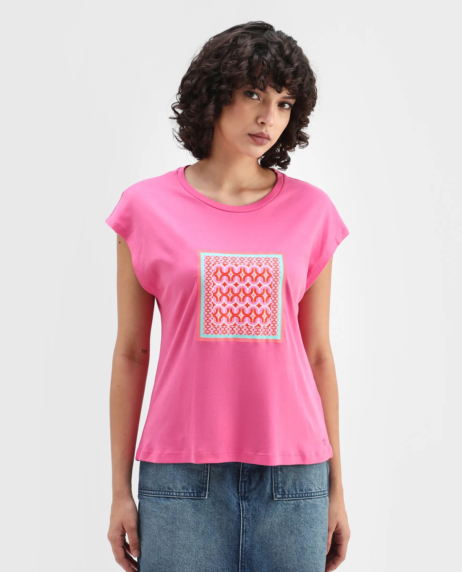 Rareism Women's Drelia Pink Cotton Crew Neck Graphic Print Extended Sleeves Regular Fit T-Shirt