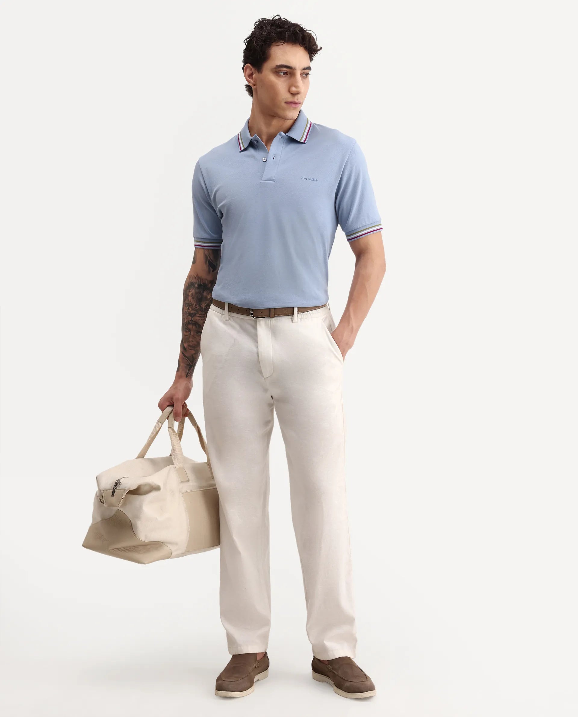Rare Rabbit Men's Dren Dusky Blue Cotton Blend Spread Collar Regular Plain Polo