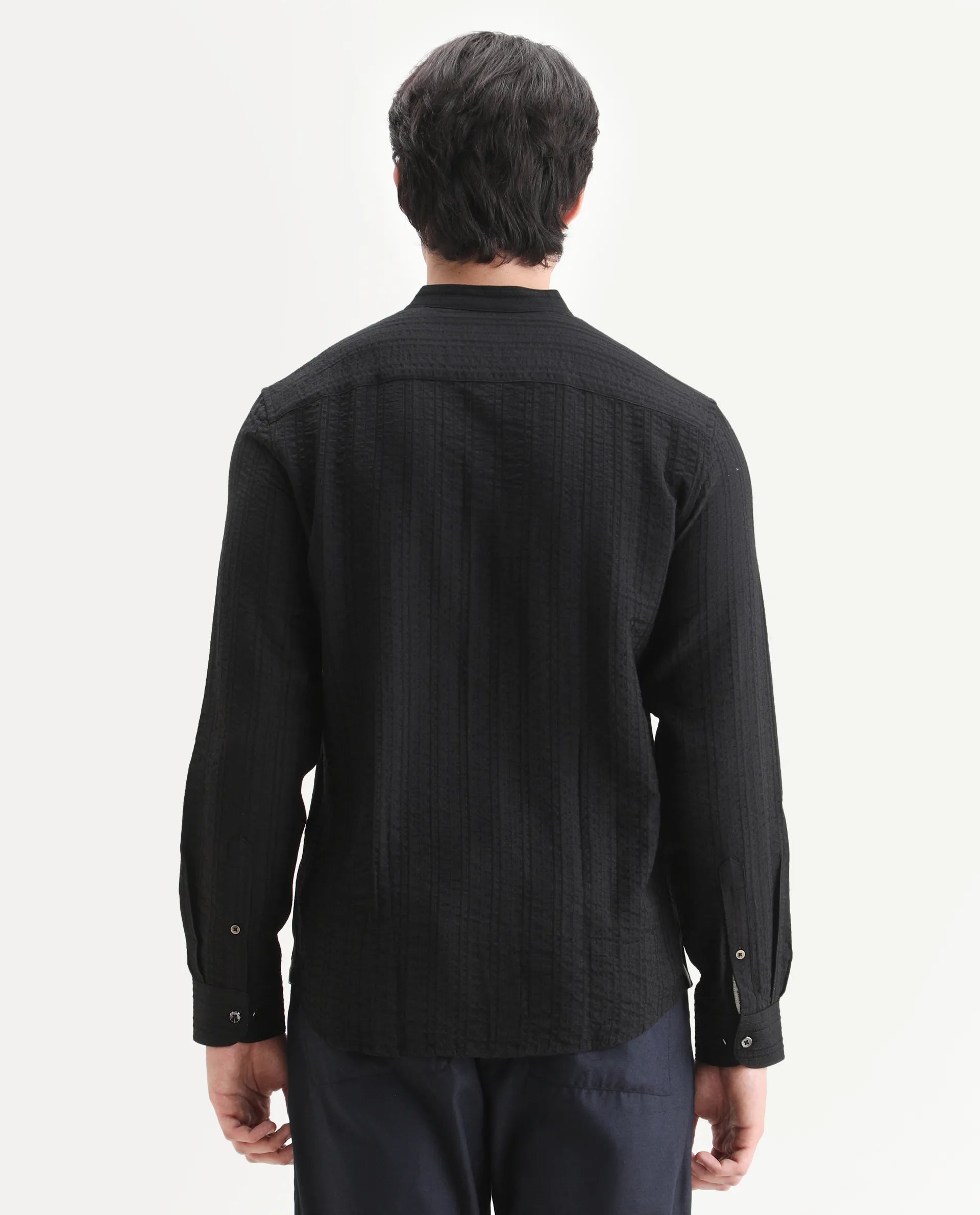 Rare Rabbit Men's Drep-G Black Viscose Blend Fabric Full Sleeve Regular Fit Striped Shirt