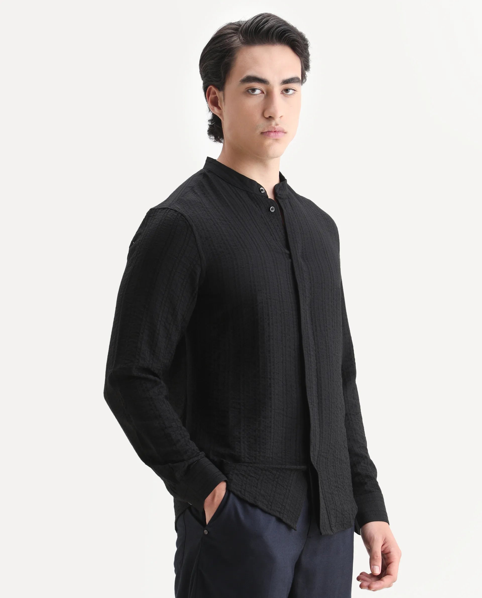 Rare Rabbit Men's Drep-G Black Viscose Blend Fabric Full Sleeve Regular Fit Striped Shirt