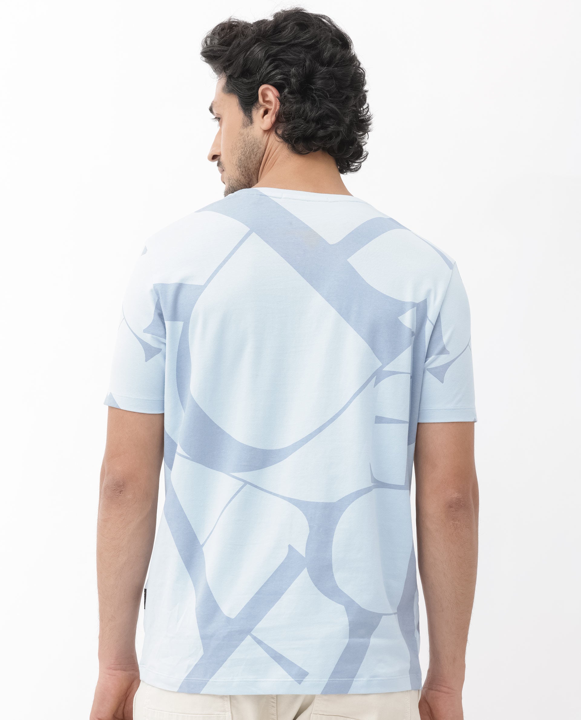 Rare Rabbit Articale Mens Drew Light Blue Cotton Lycra Fabric Short Sleeve Crew Neck Slim Fit Printed T-Shirt